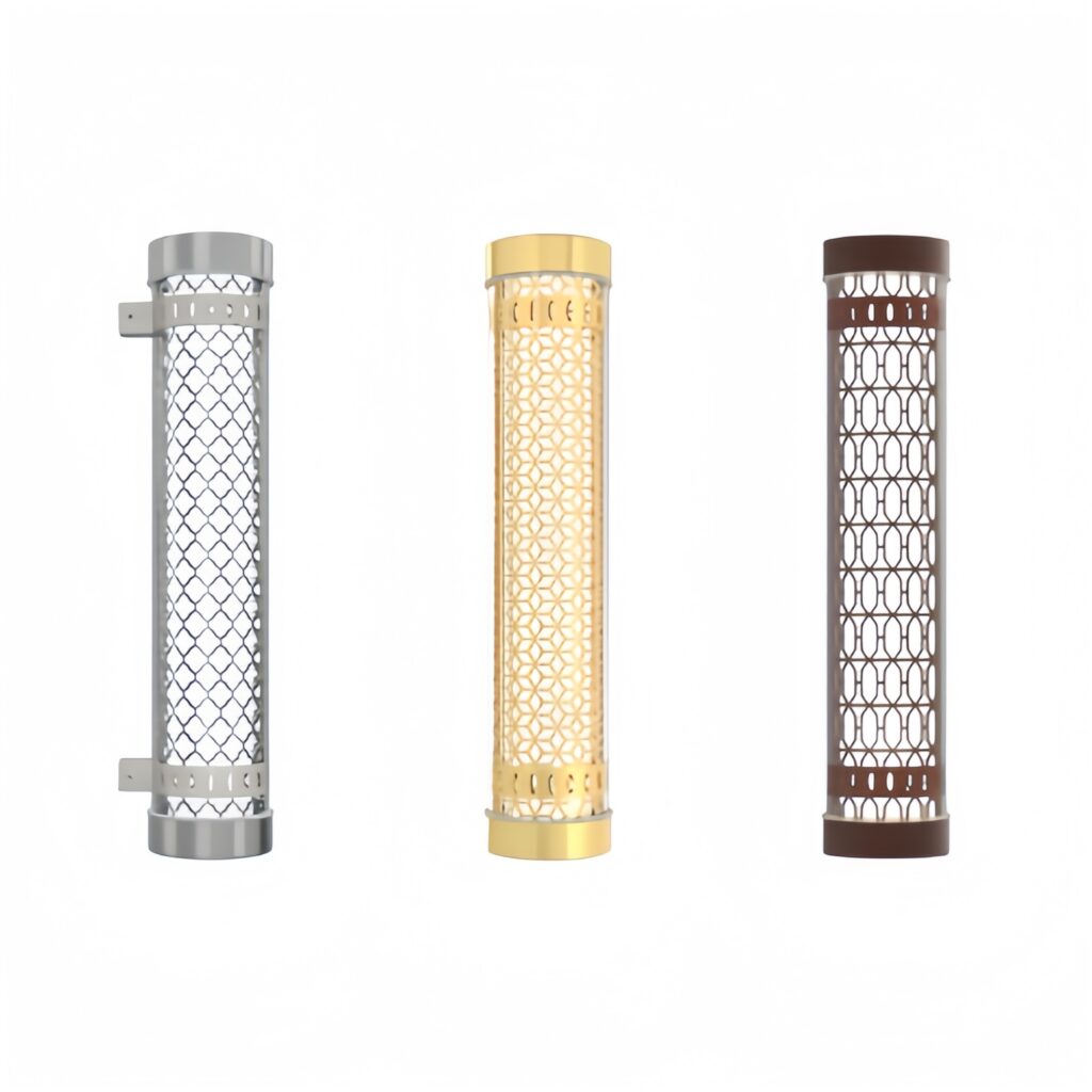 Architectural decorative tubular wall lights with geometric mesh pattern in silver, gold, and bronze finishes — modern LED sconces for commercial and residential interiors