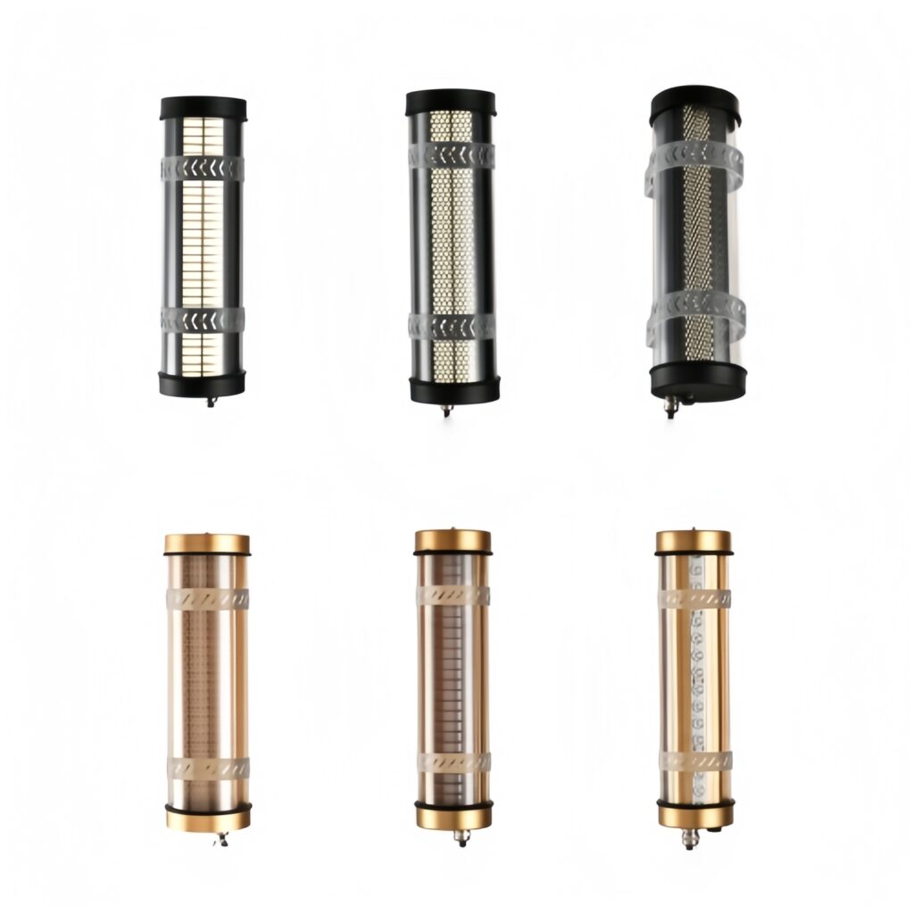 Architectural decorative tubular LED wall lights with transparent housing and internal linear, mesh, and reflector structures — black and gold finishes for commercial, hospitality, and residential interiors