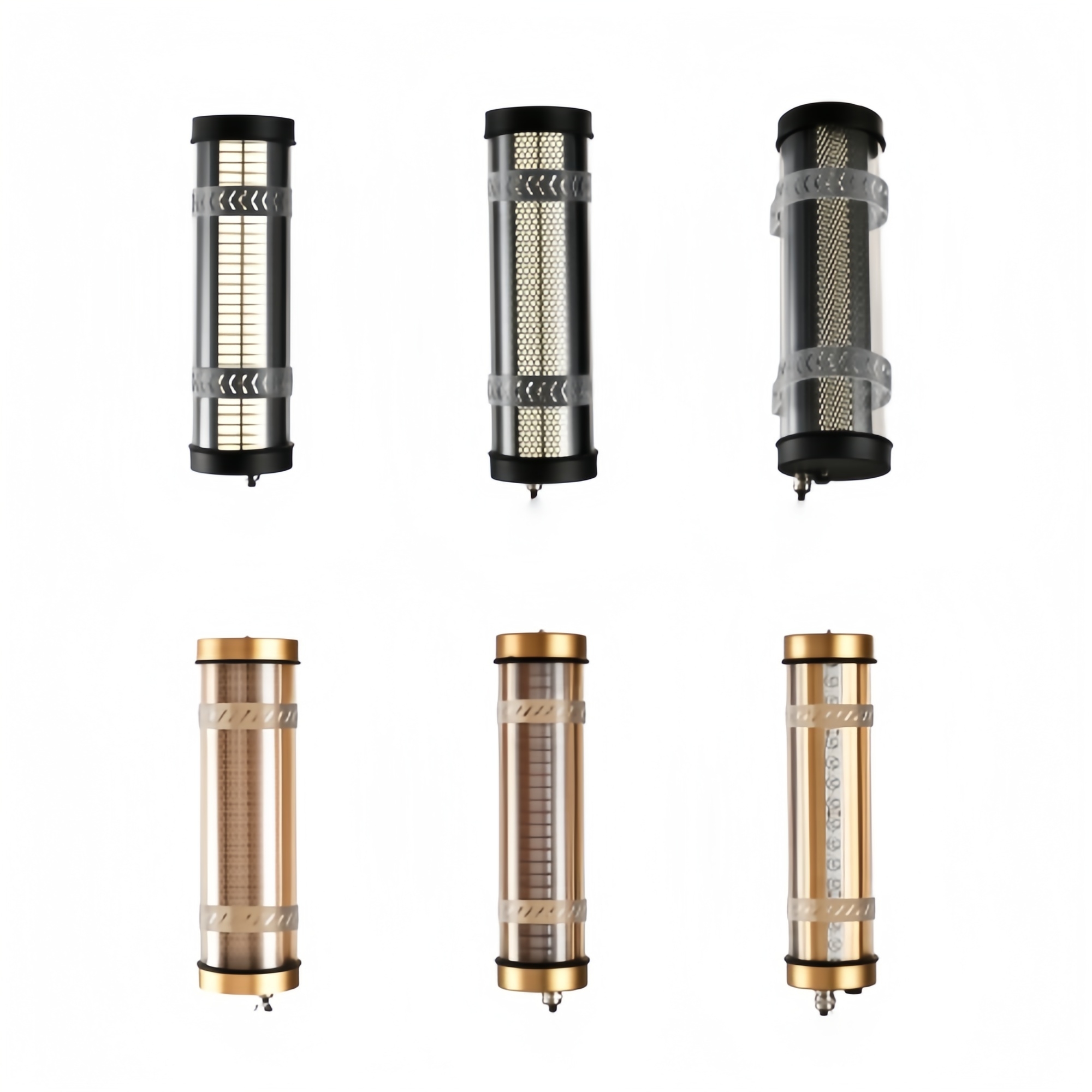 Architectural decorative tubular LED wall lights with transparent housing and internal linear, mesh, and reflector structures — black and gold finishes for commercial, hospitality, and residential interiors