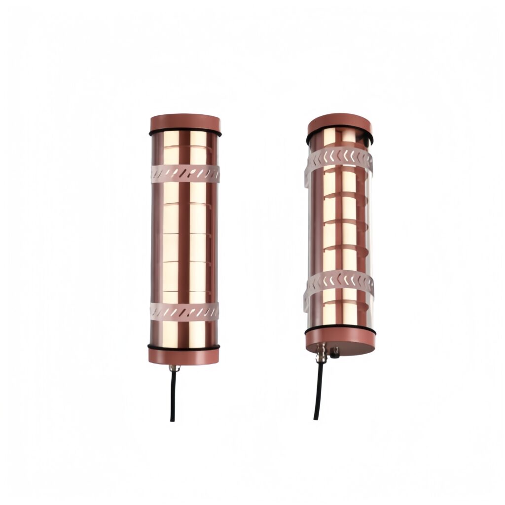 Pink architectural tubular LED wall lights with transparent housing and decorative internal structure — modern decorative sconces for commercial and residential interiors