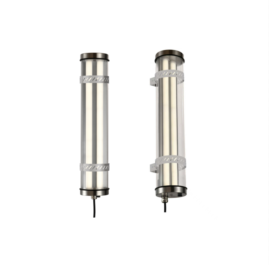 Brushed metal architectural tubular LED wall lights with transparent housing and minimalist design — modern decorative sconces for commercial and residential indoor and outdoor IP67 Ik10