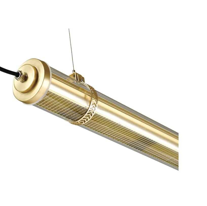Champagne gold suspended tubular LED pendant light with transparent housing and linear louver diffuser — modern architectural lighting for commercial and hospitality interiors