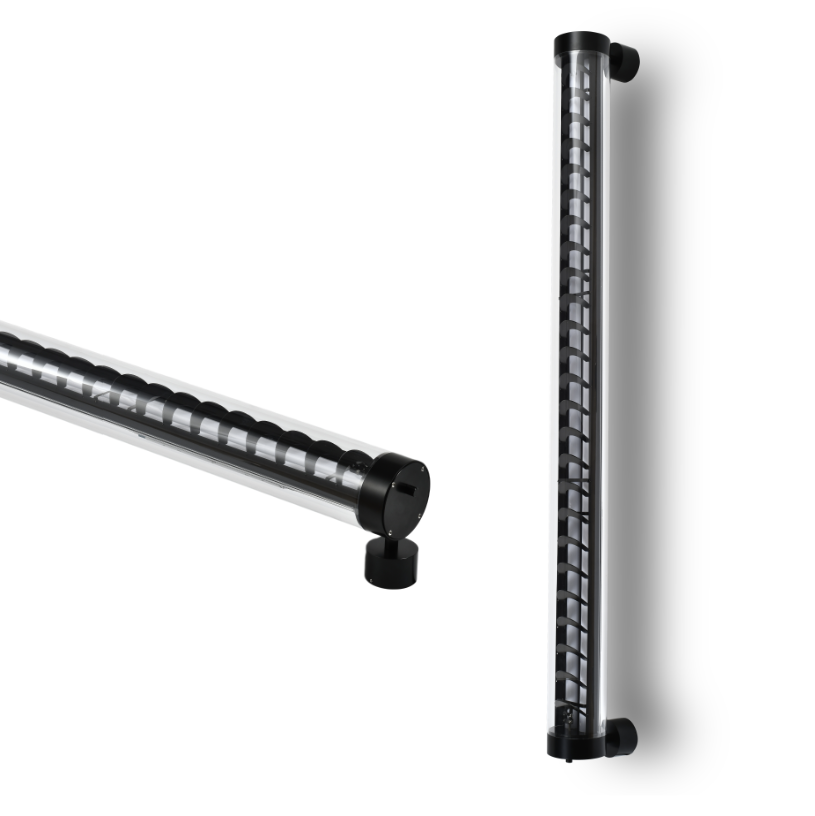 Black architectural tubular LED wall light with transparent housing and spiral internal structure — modern decorative linear fixture for commercial and residential interiors