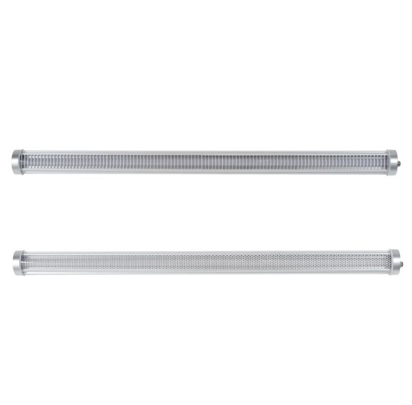 Slim architectural tubular LED lights with silver end caps, transparent housing, and linear grille or perforated mesh diffuser — modern commercial lighting for offices, corridors, and retail interiors indoor and outdoor IP67