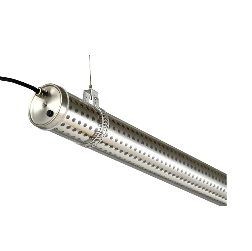 Suspended architectural tubular LED pendant light with perforated stainless-steel housing — modern decorative linear fixture for commercial and hospitality interiors
