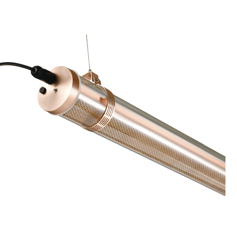 Champagne gold architectural tubular LED light with perforated metal mesh diffuser — modern decorative linear fixture for commercial, hospitality, and residential interiors indoor and outdoor IP67