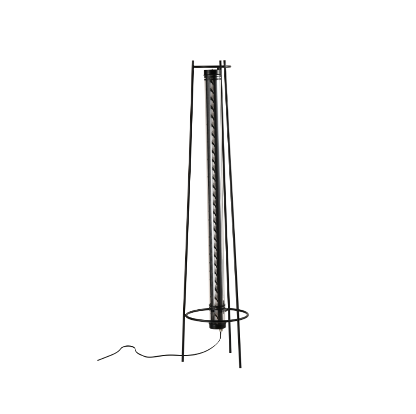 Black architectural tubular LED floor lamp with transparent housing and spiral internal structure — modern tripod-frame decorative lighting for residential, hospitality, and commercial