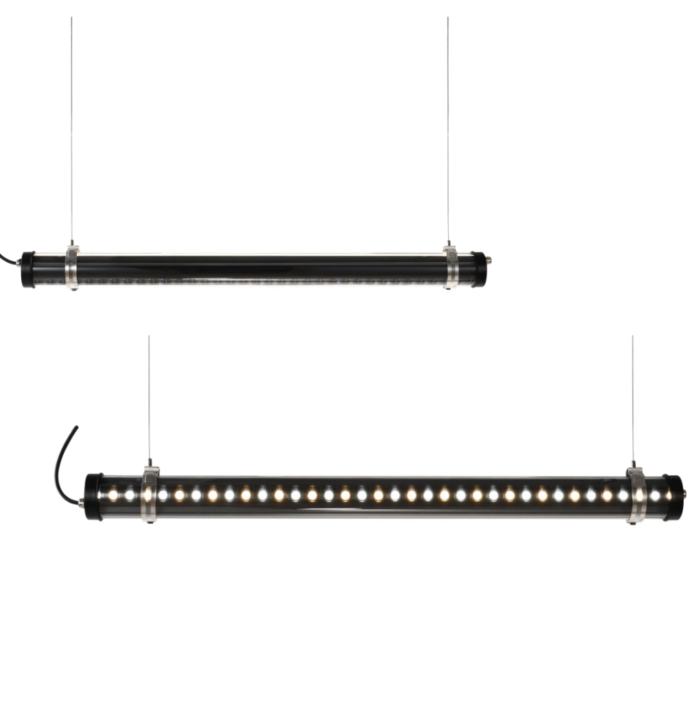 black suspended architectural tubular light with anti-glare micro reflector optics — MANI Lighting