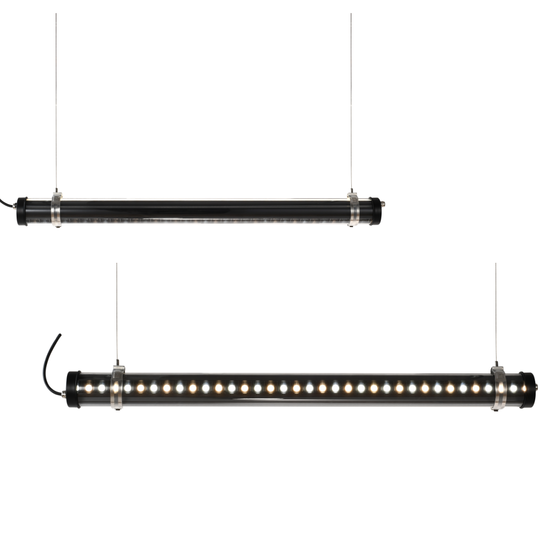 black suspended architectural tubular light with anti-glare micro reflector optics — MANI Lighting