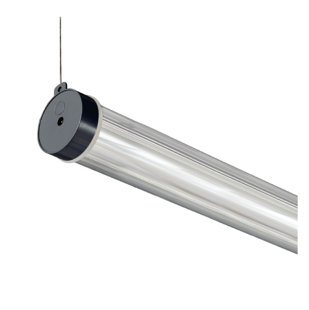 Ø70 suspended commercial tubular LED light with integrated end-cap cable hanging — MANI Lighting