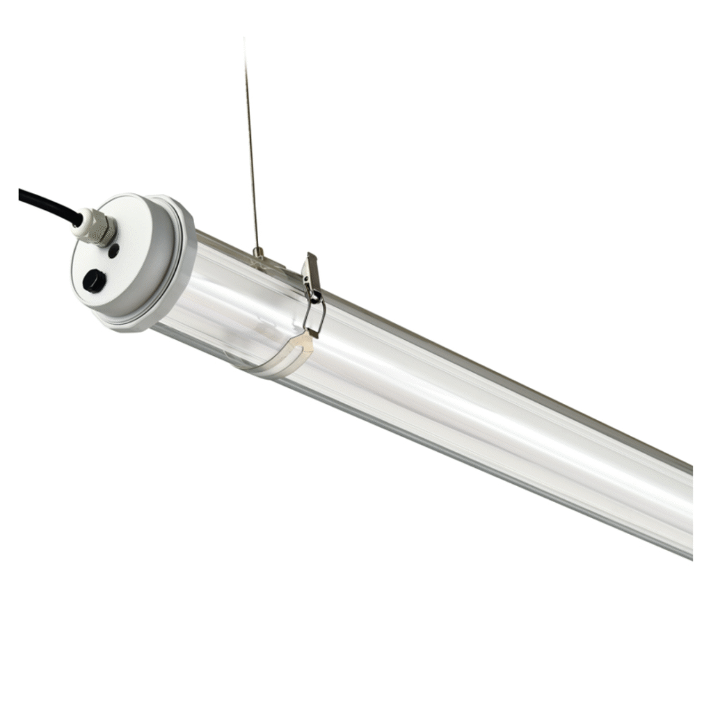 Ø70mm suspended commercial tubular LED light with white end cap and stainless mounting clips