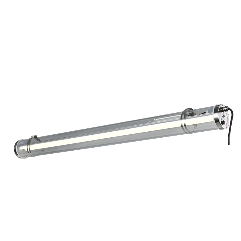 Industrial tri-proof tubular LED light with transparent Bayer PC housing, IP67–IP69K waterproof, IK10 impact resistance, suitable for factories, warehouses, food processing and harsh industrial environments.