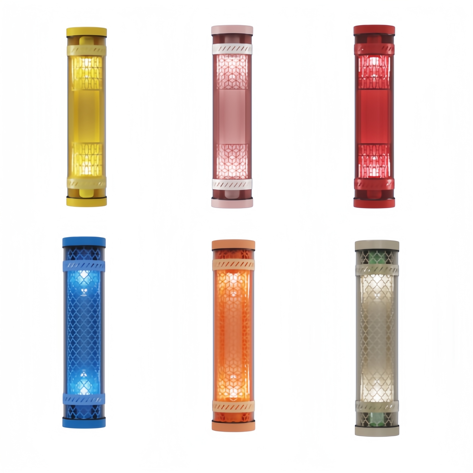 Colorful architectural tubular wall lights with geometric mesh diffuser — yellow, pink, red, blue, orange, and sand-grey decorative LED sconces for commercial and hospitality interiors