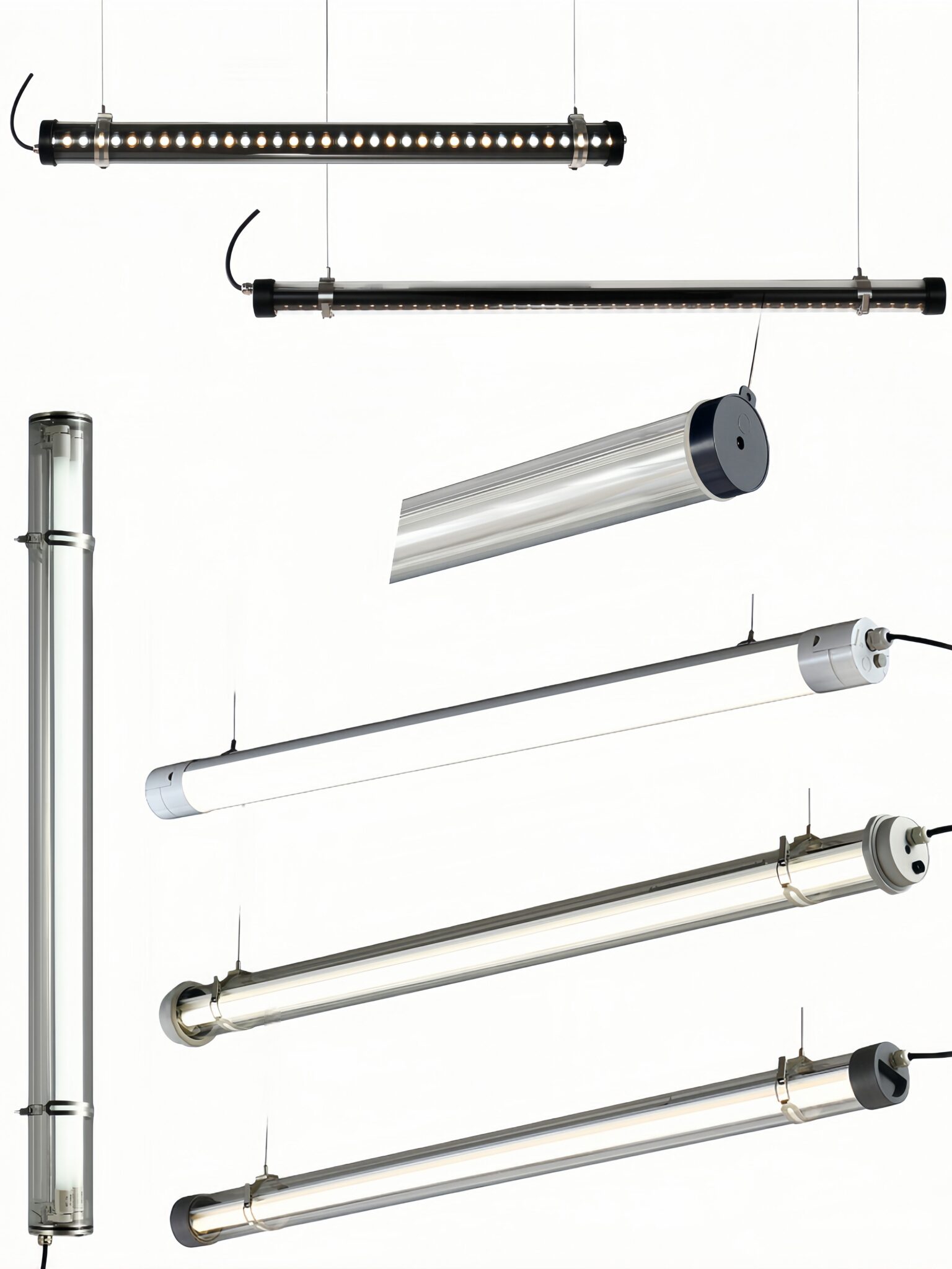 Commercial tubular LED lighting collection featuring durable stainless steel end caps and clear PC tubes for industrial, retail, and architectural environments.