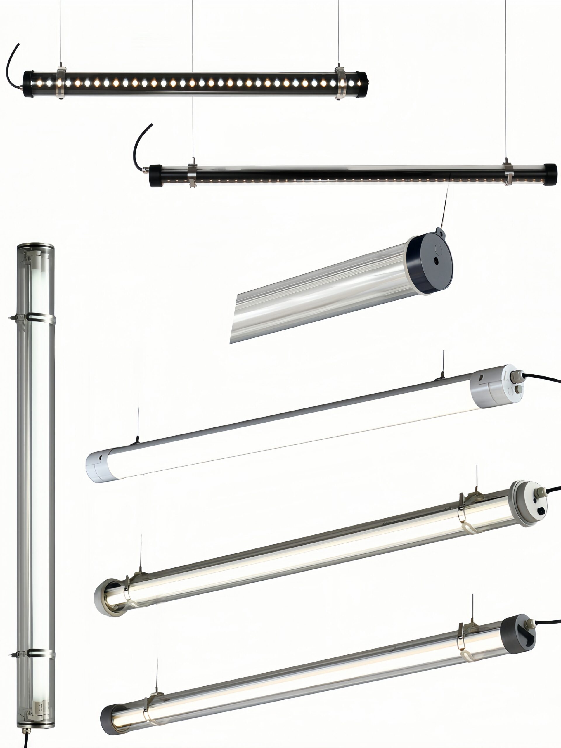 Commercial tubular LED lighting collection featuring durable stainless steel end caps and clear PC tubes for industrial, retail, and architectural environments.