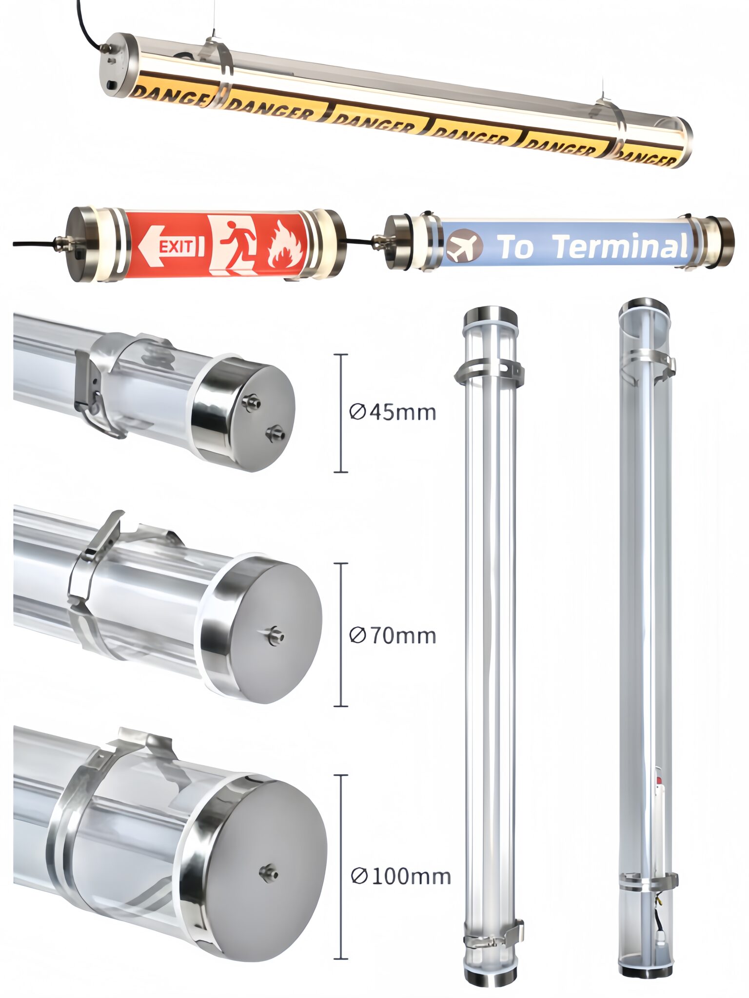 Industrial tubular LED lights with stainless steel end caps and PC/ borosilicate glass housing, available in 45mm, 70mm, 75mm, and 100mm diameters — IP65/IP69K waterproof design for factory, tunnel, and signage lighting applications.
