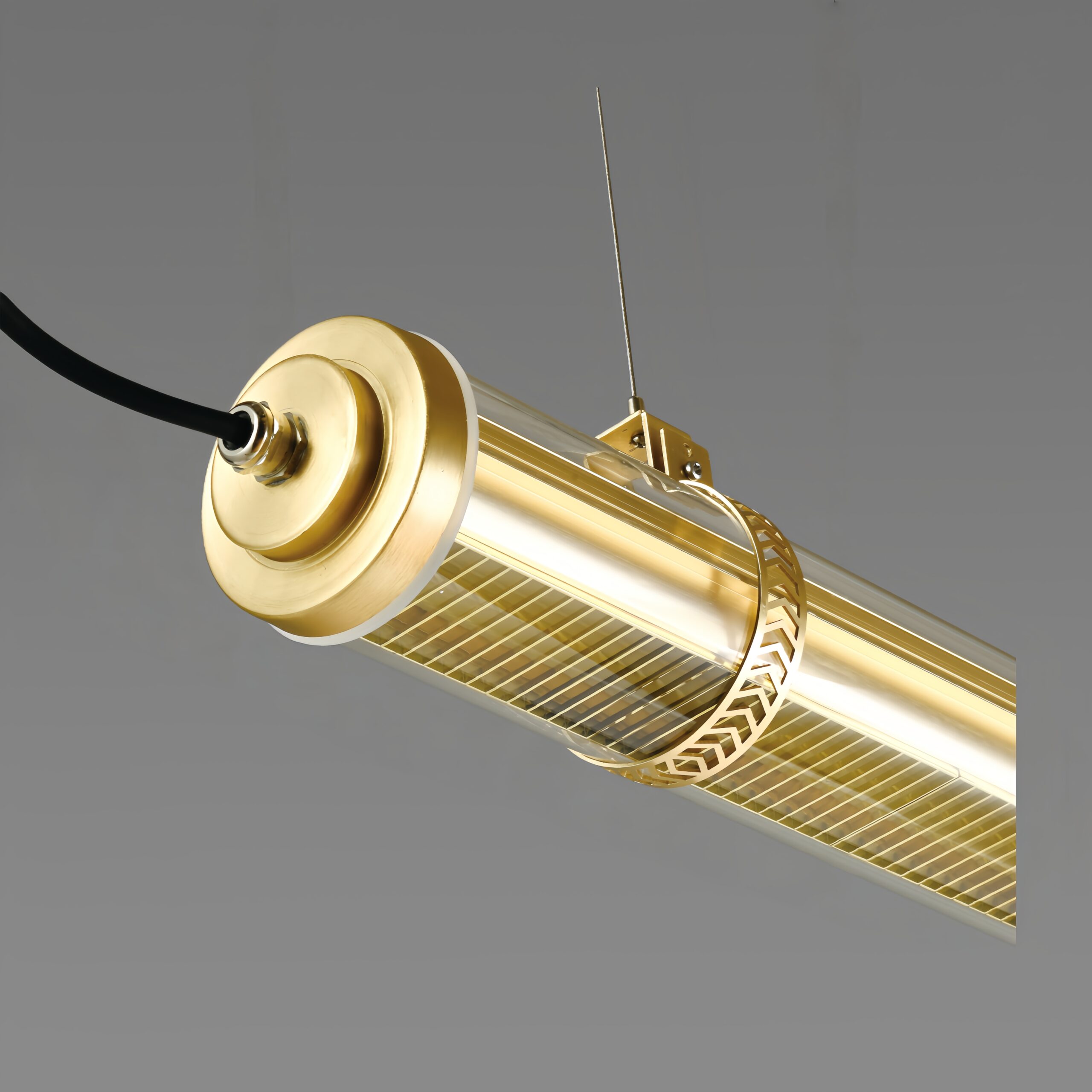 Aurelia up and down lighting tubular pendant with integrated grille, architectural brass LED suspension light