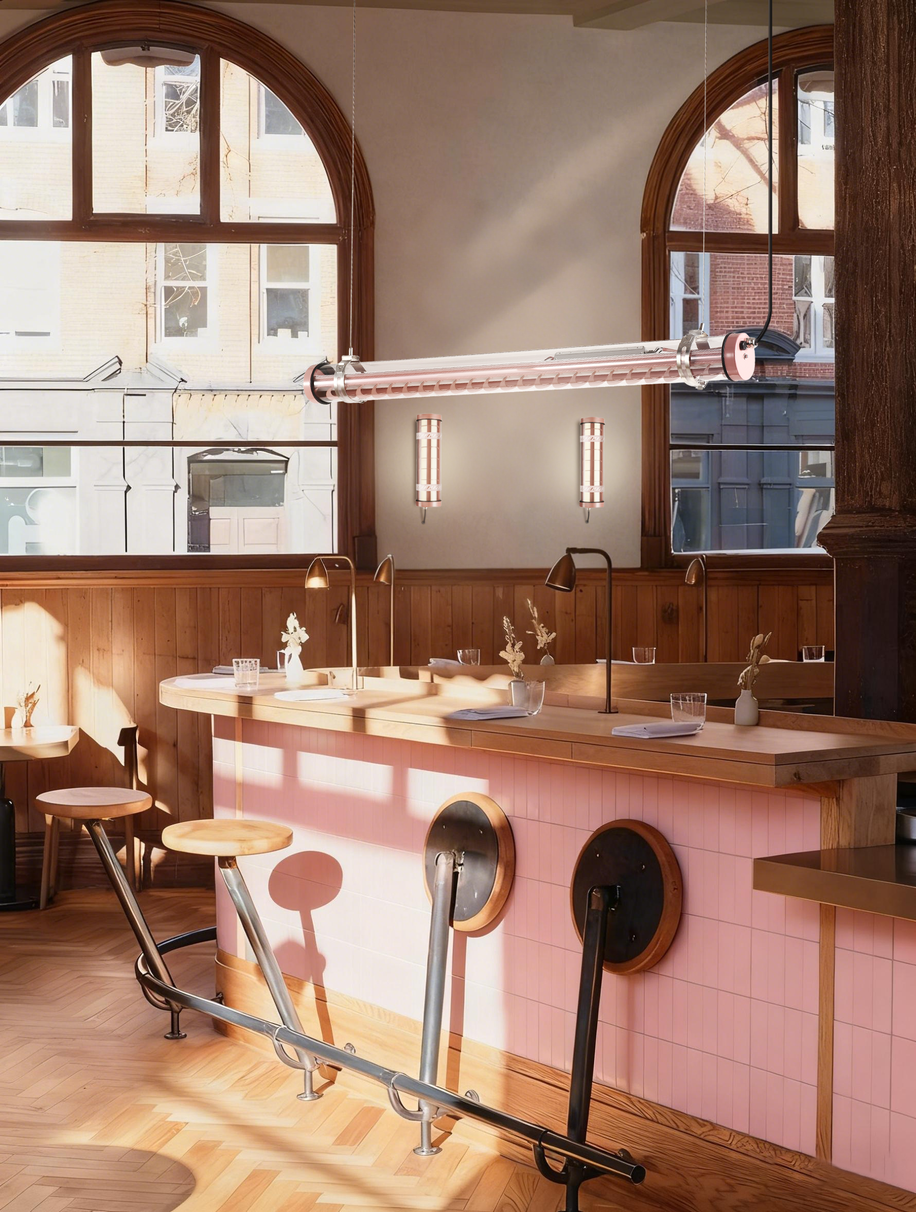 Rosa wall-mounted architectural tubular lights installed at a residential entry porch — compact façade lighting for semi-outdoor use (MANI Lighting)