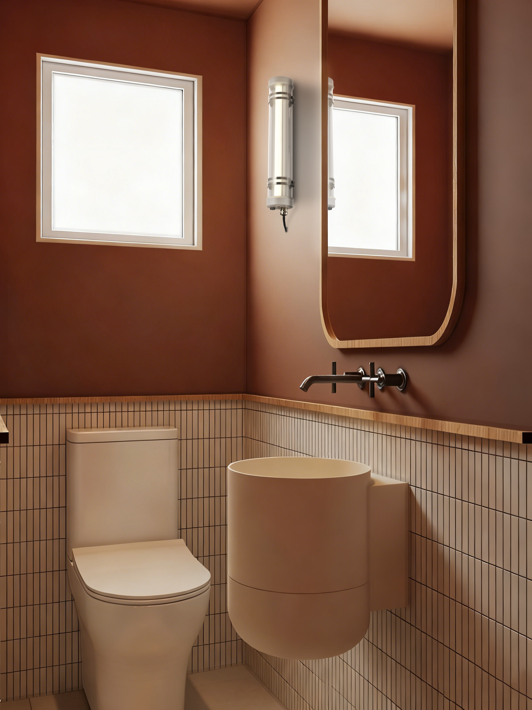 Opaline Spectrum IP67 IK10 opaline tubular wall light in bathroom vanity area, low-glare diffused illumination