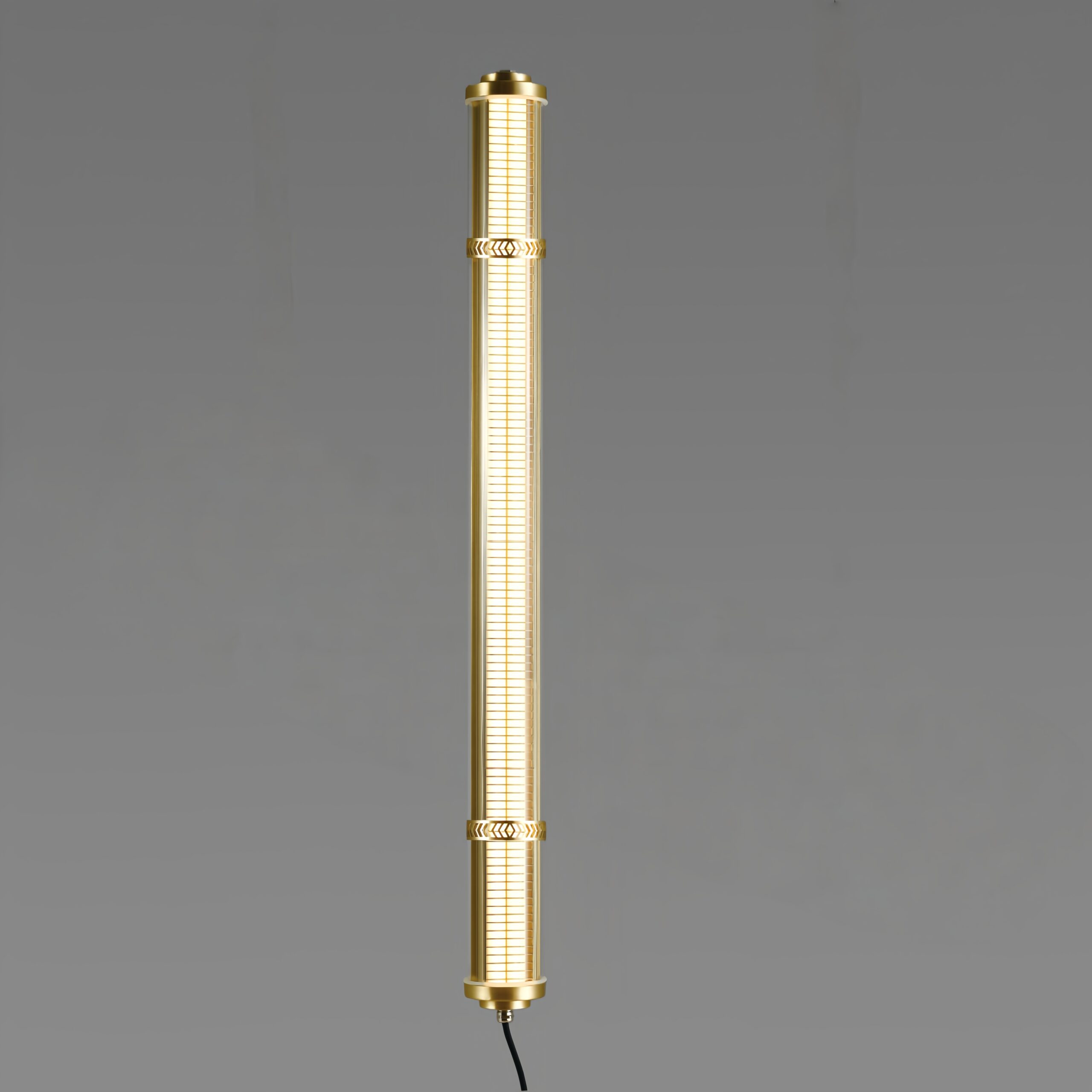 Aurelia up and down lighting tubular pendant with integrated grille, architectural brass LED suspension light