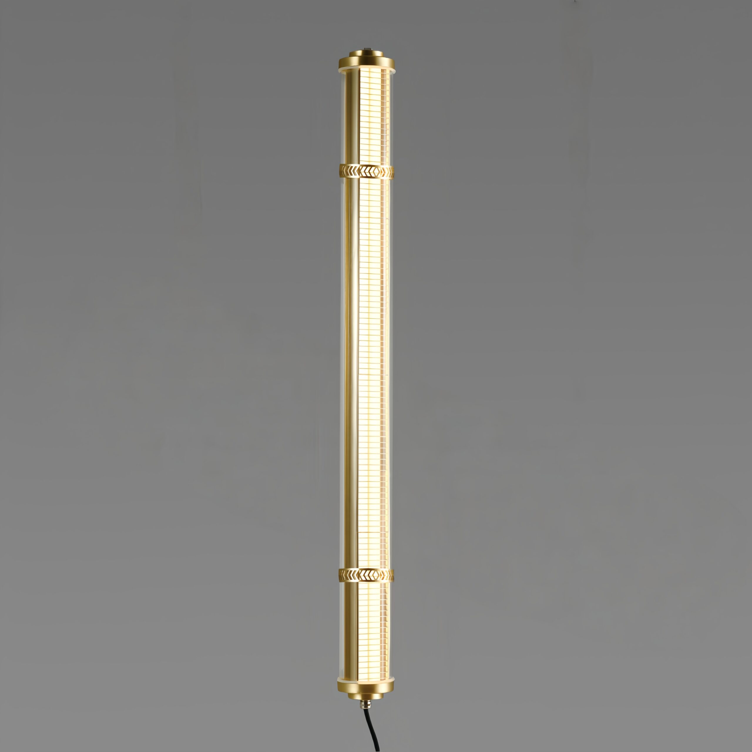 Aurelia up and down lighting tubular pendant with integrated grille, architectural brass LED suspension light