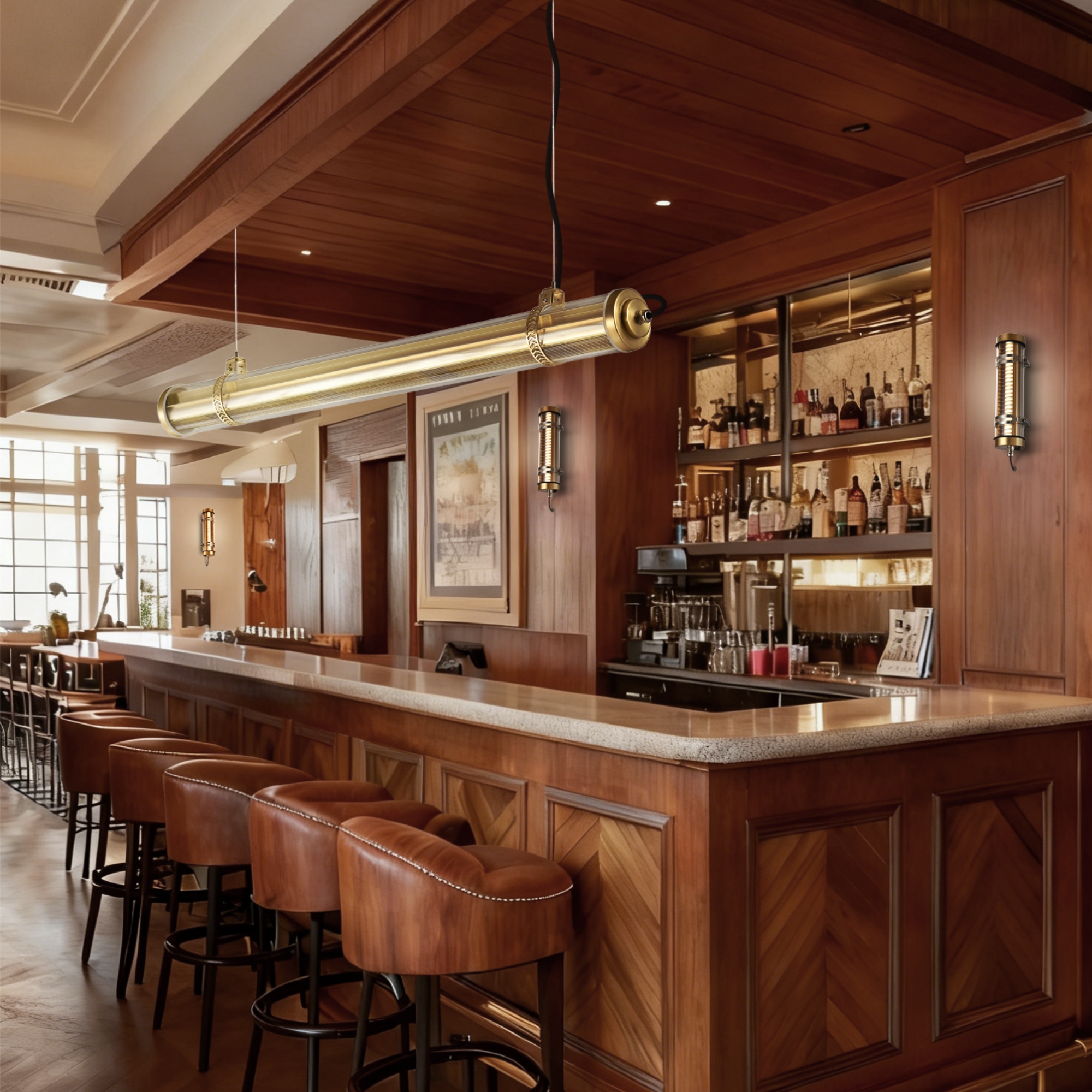 MANI suspended tubular light with integrated grille above bar counter, architectural lighting for hospitality interiors