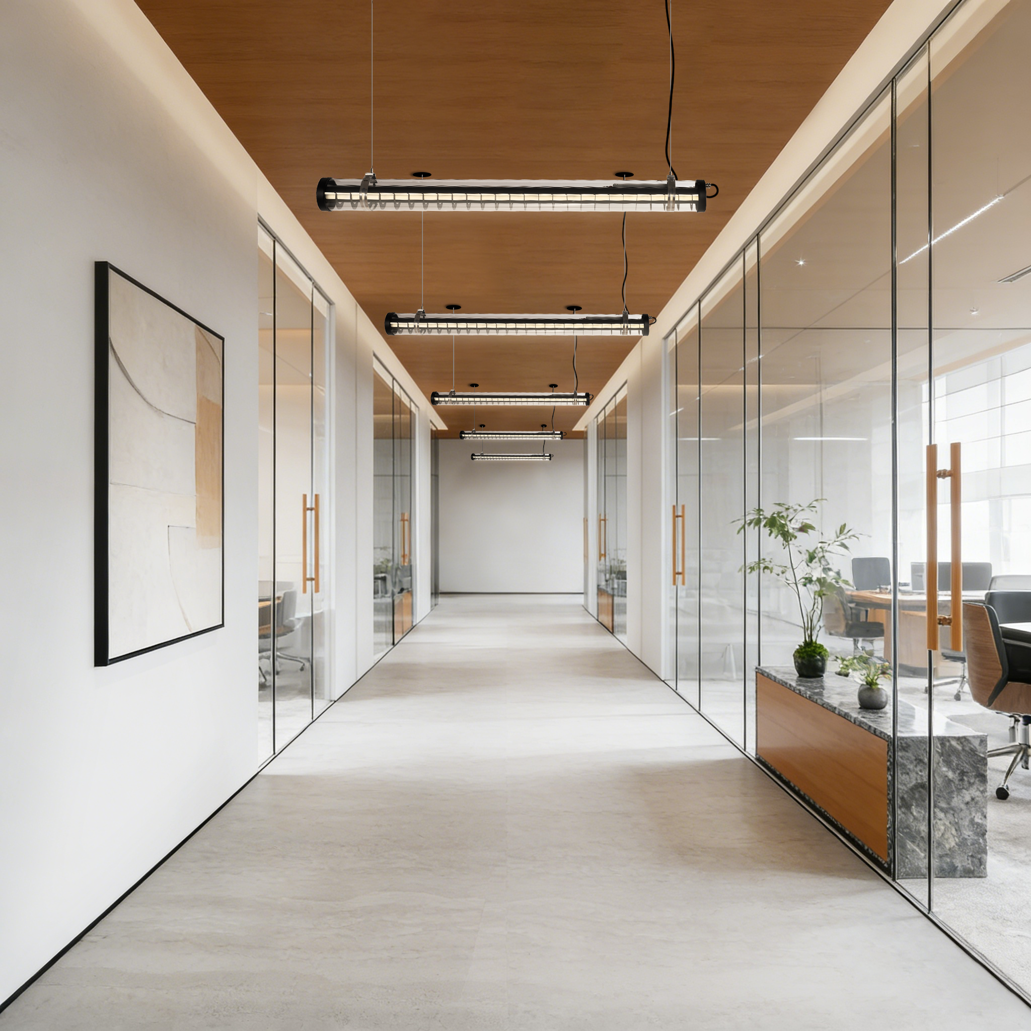 This project features suspended architectural tubular luminaires designed for office environments. The lighting solution ensures consistent light distribution, visual comfort and reliable performance for long operating hours in commercial interiors.