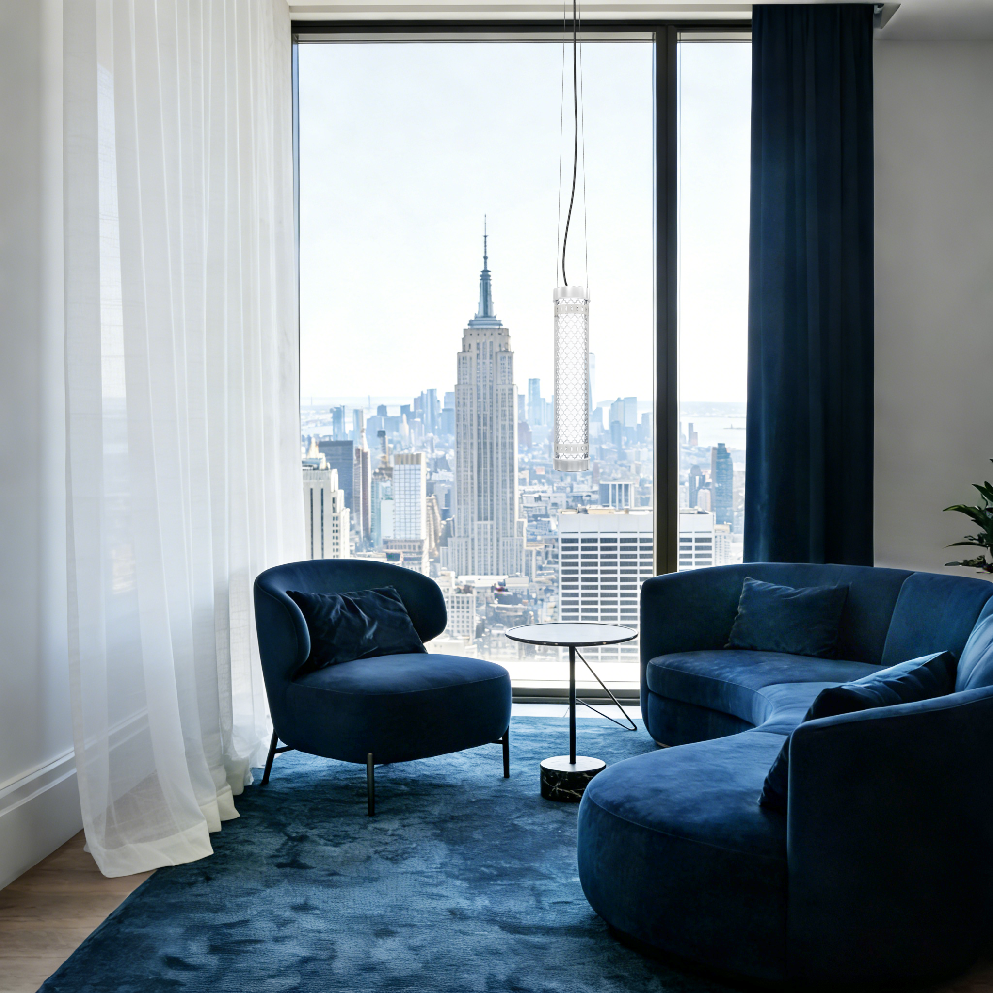 Architectural tubular pendant light used in high-rise interior with ambient illumination