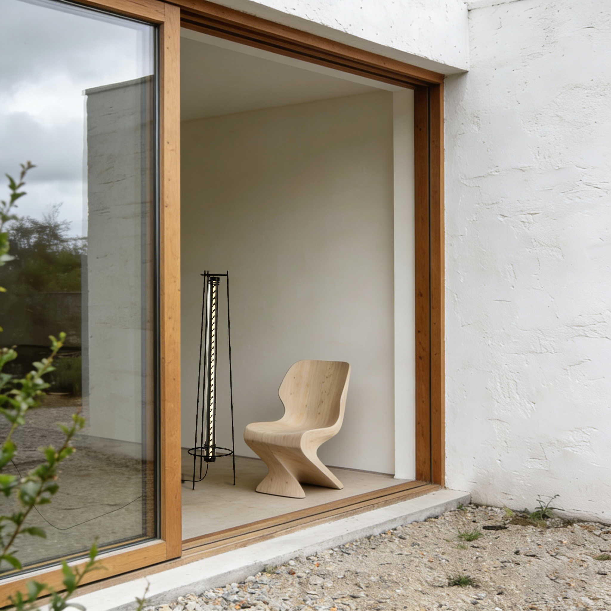 MANI designer floor lamp with tubular light and minimalist tripod structure