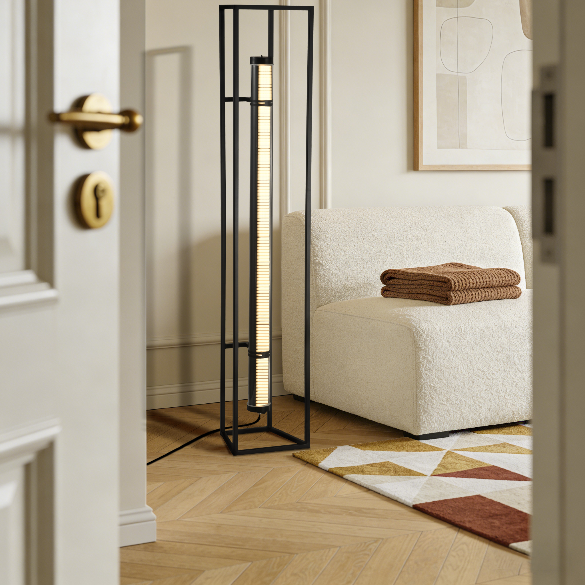 MANI designer floor lamp with tubular light and minimalist trapezoidal structure