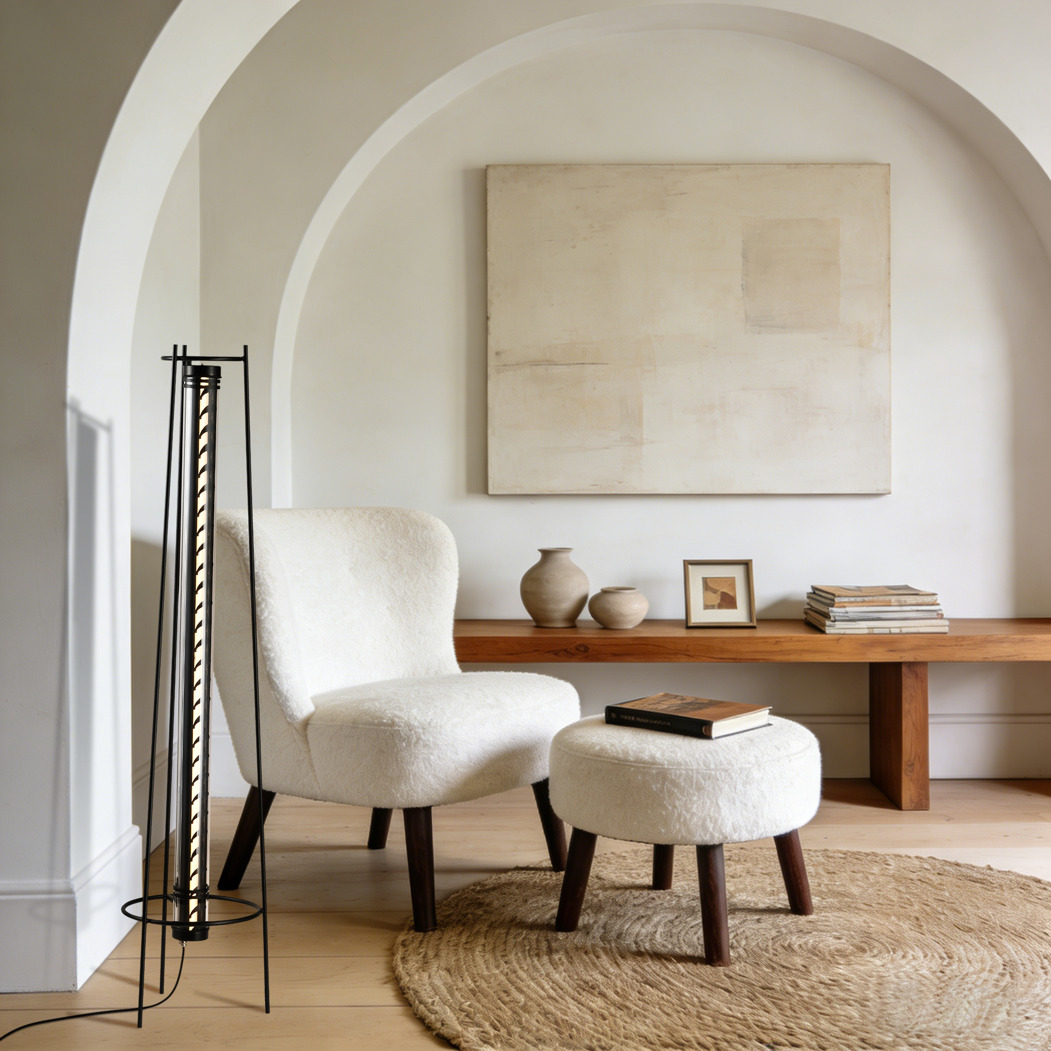 MANI designer floor lamp with tubular light and minimalist tripod structure