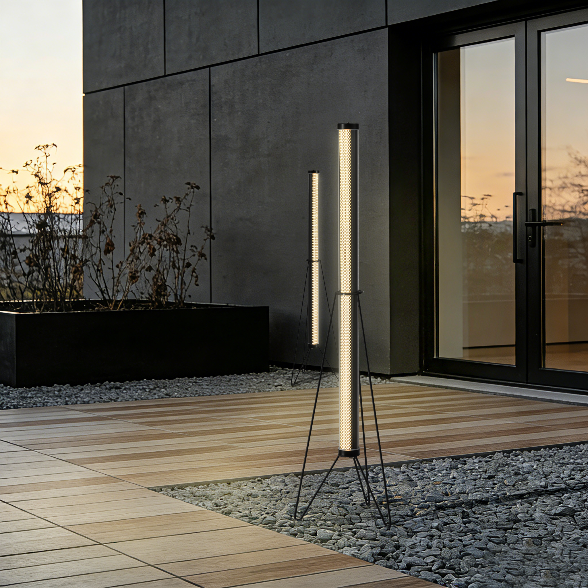 MANI Tripod Beam designer floor lamp with tubular light and minimalist tripod structure