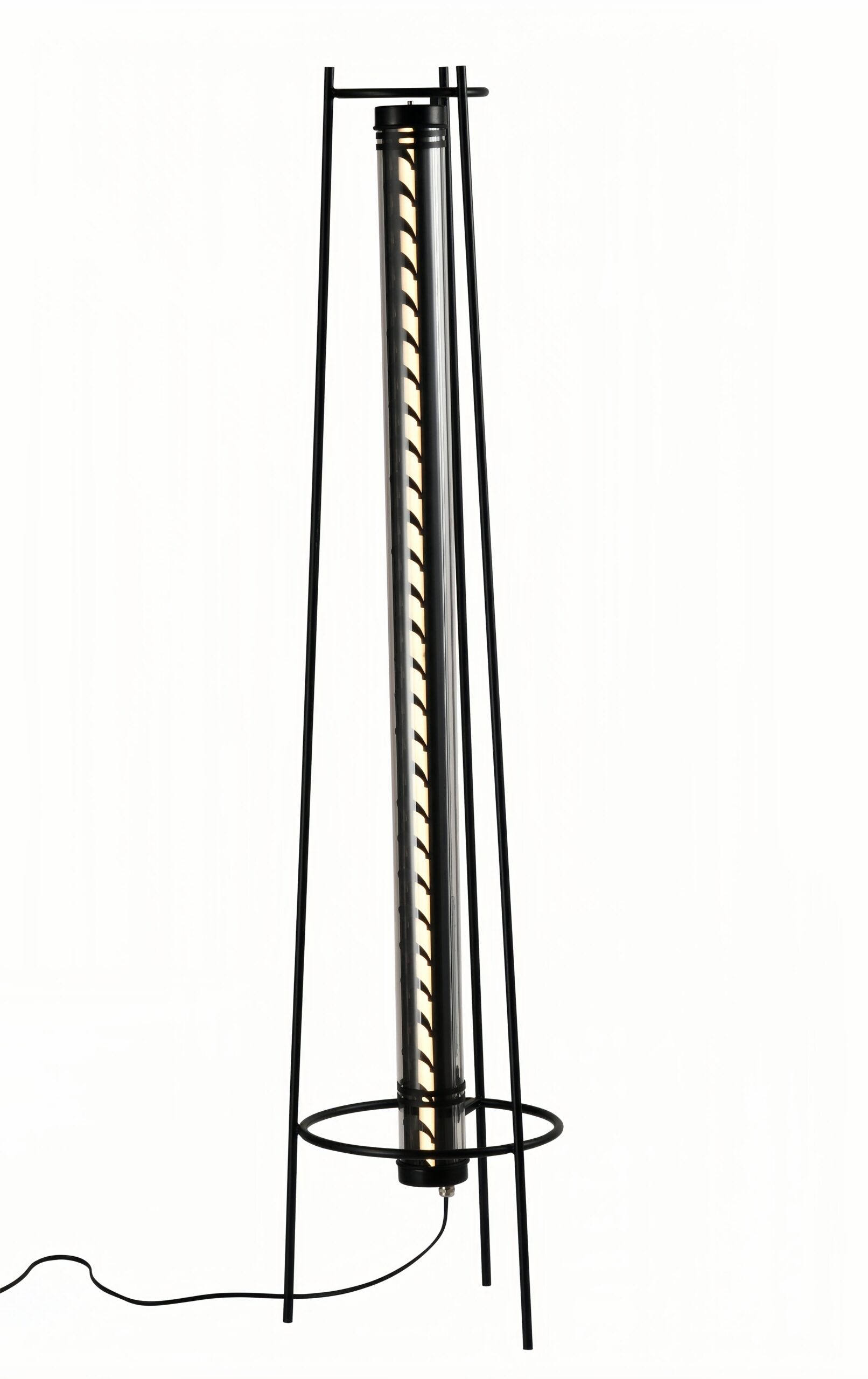 Halo Tripod architectural tubular floor lamp with tripod steel frame and low-glare louvered light tube