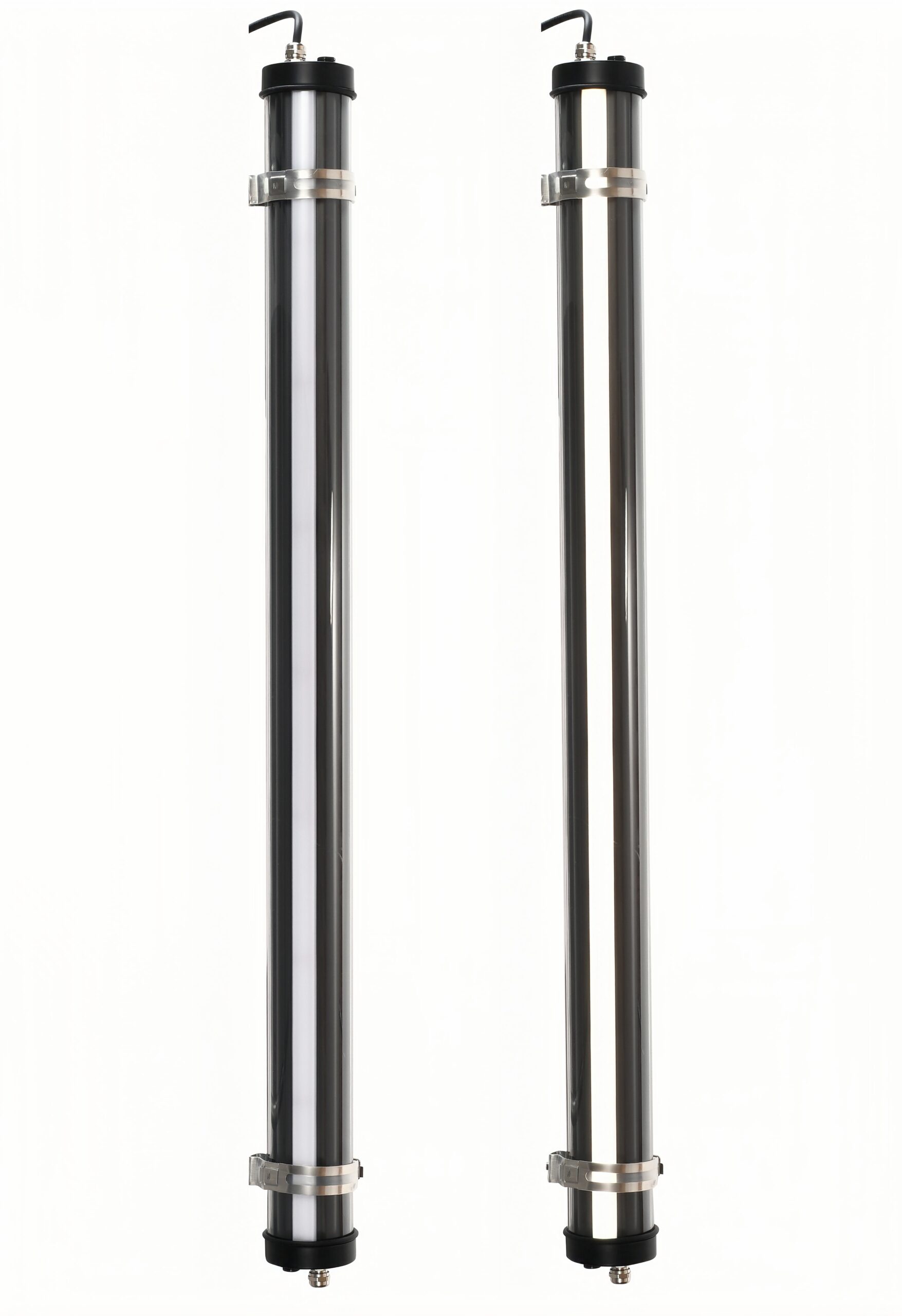 Industrial-style tubular LED light with transparent polycarbonate tube and stainless steel bands