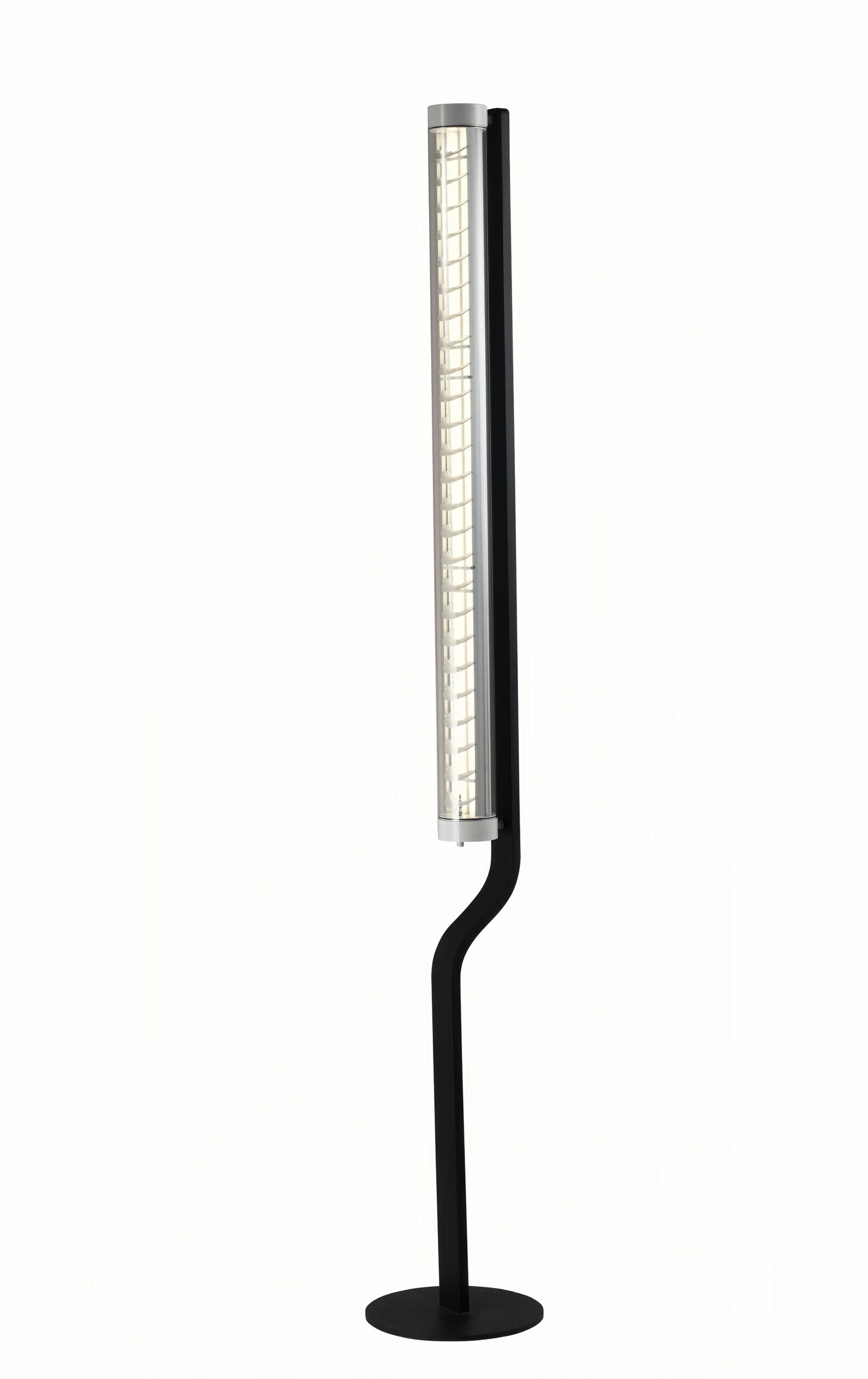 Flow Stand architectural tubular floor lamp with curved steel stand and integrated louver optics