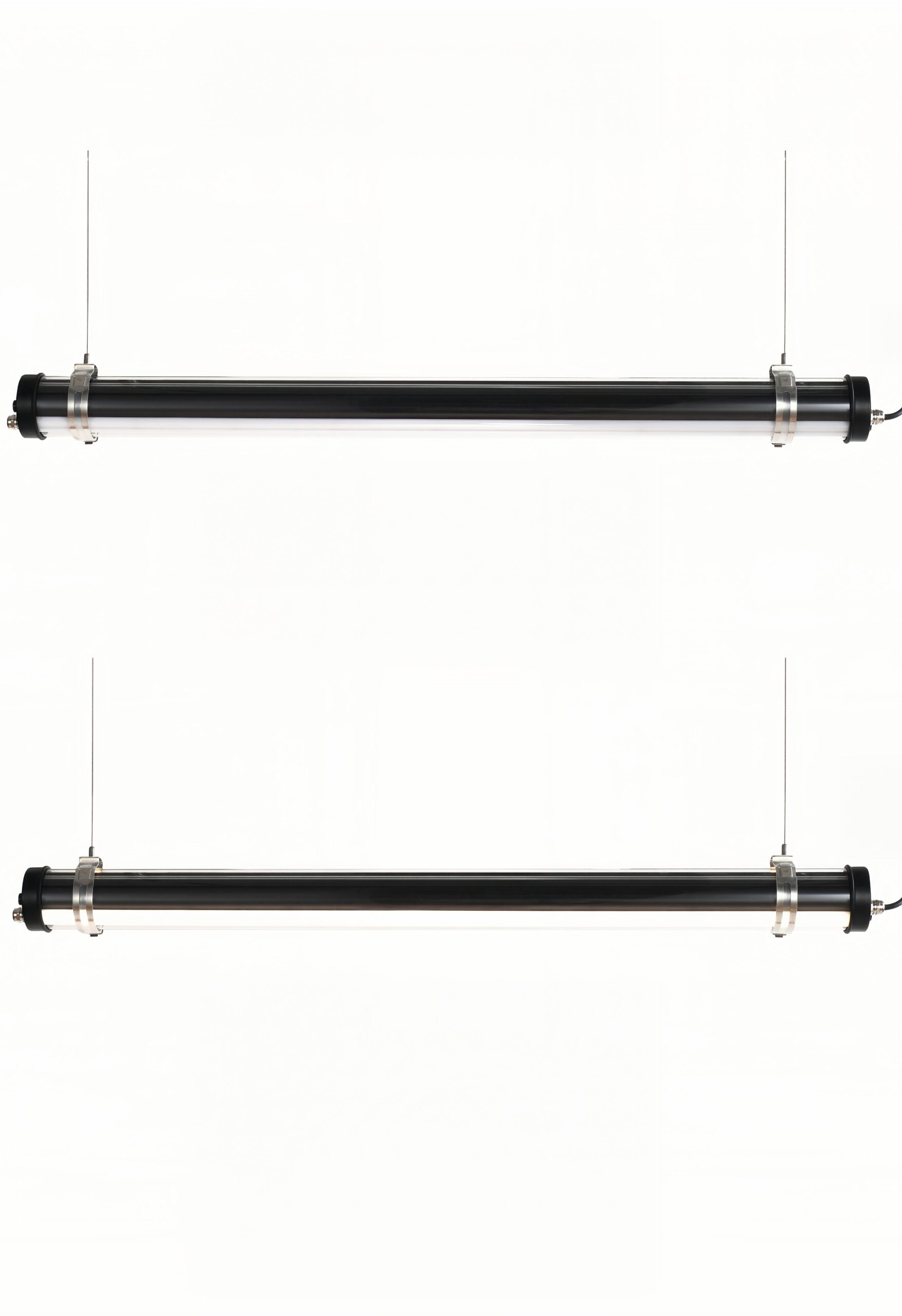 Industrial-style tubular LED light with transparent polycarbonate tube and stainless steel bands