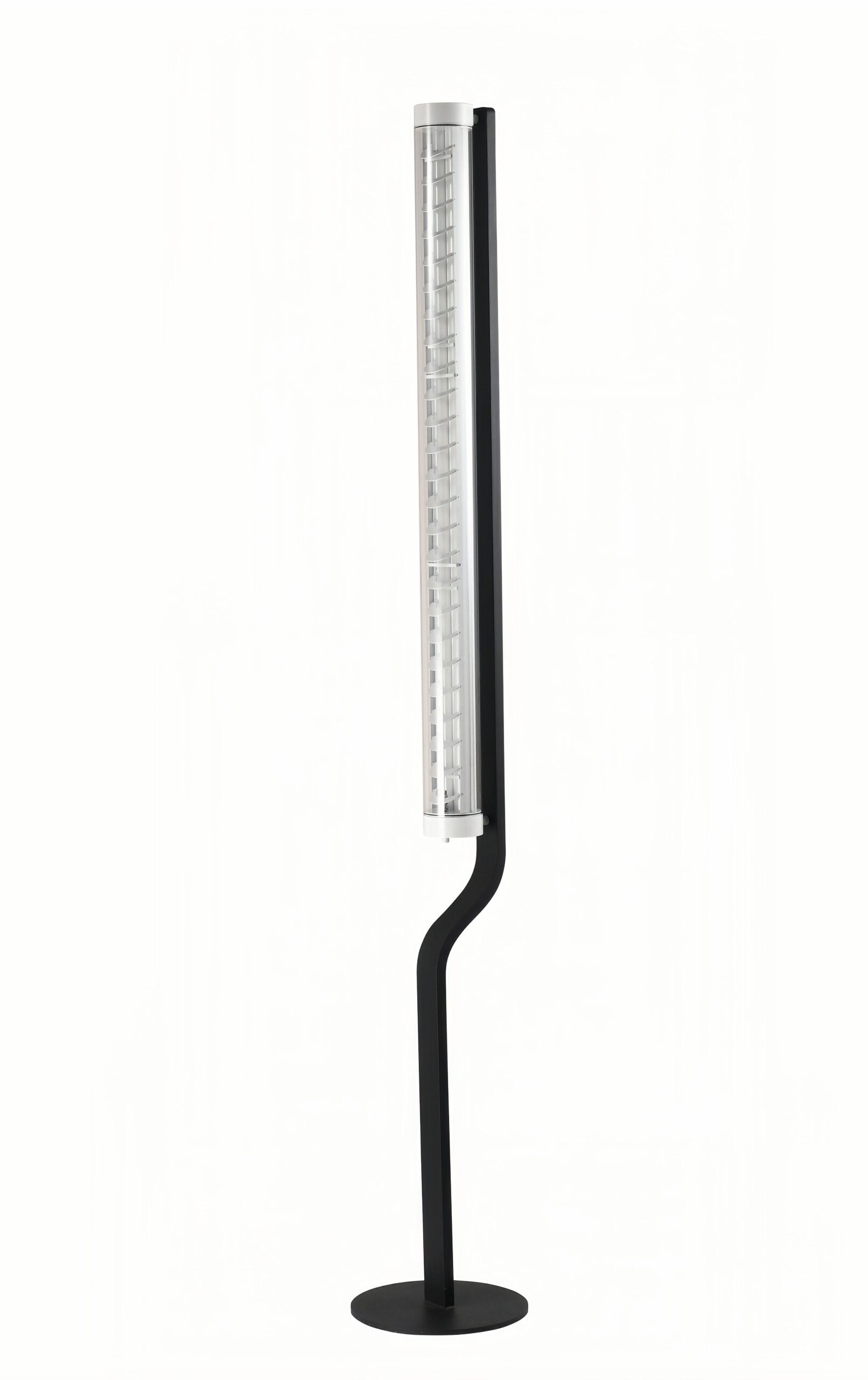 Flow Stand architectural tubular floor lamp with curved steel stand and integrated louver optics