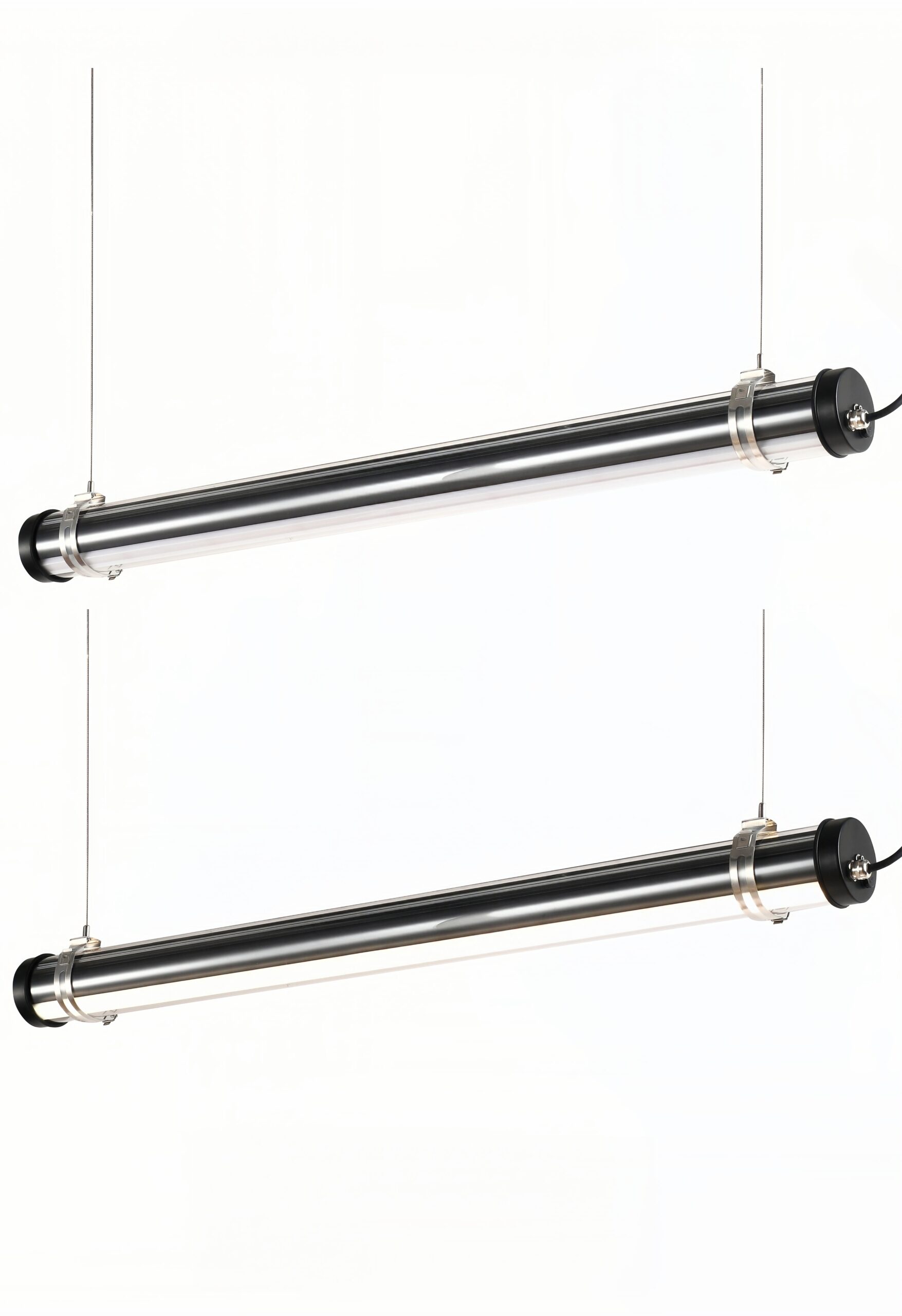 Industrial-style tubular LED light with transparent polycarbonate tube and stainless steel bands