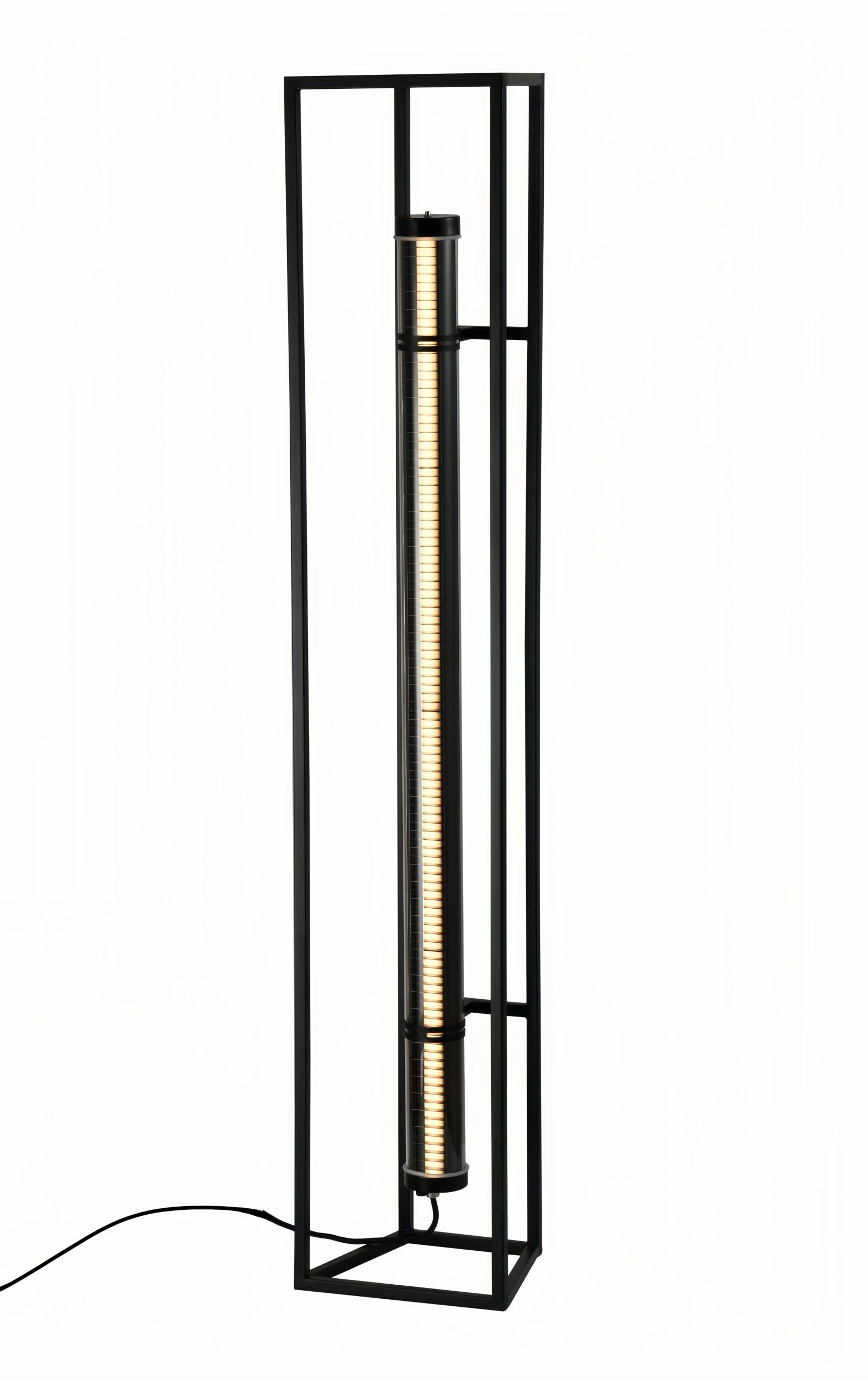 Geometric floor lamp with an open trapezoidal iron frame