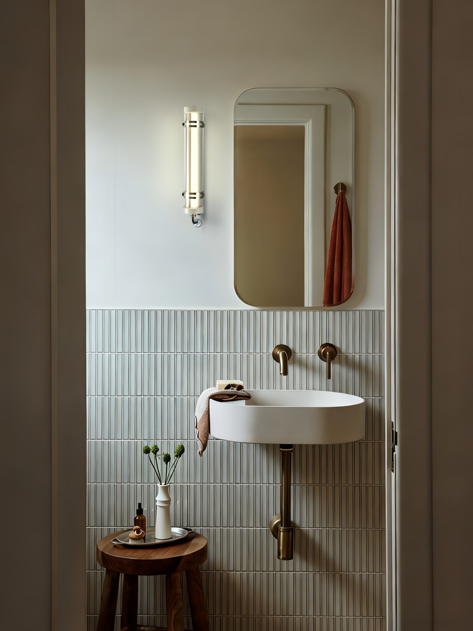 Opaline Spectrum IP67 IK10 opaline tubular wall light in bathroom vanity area, low-glare diffused illumination