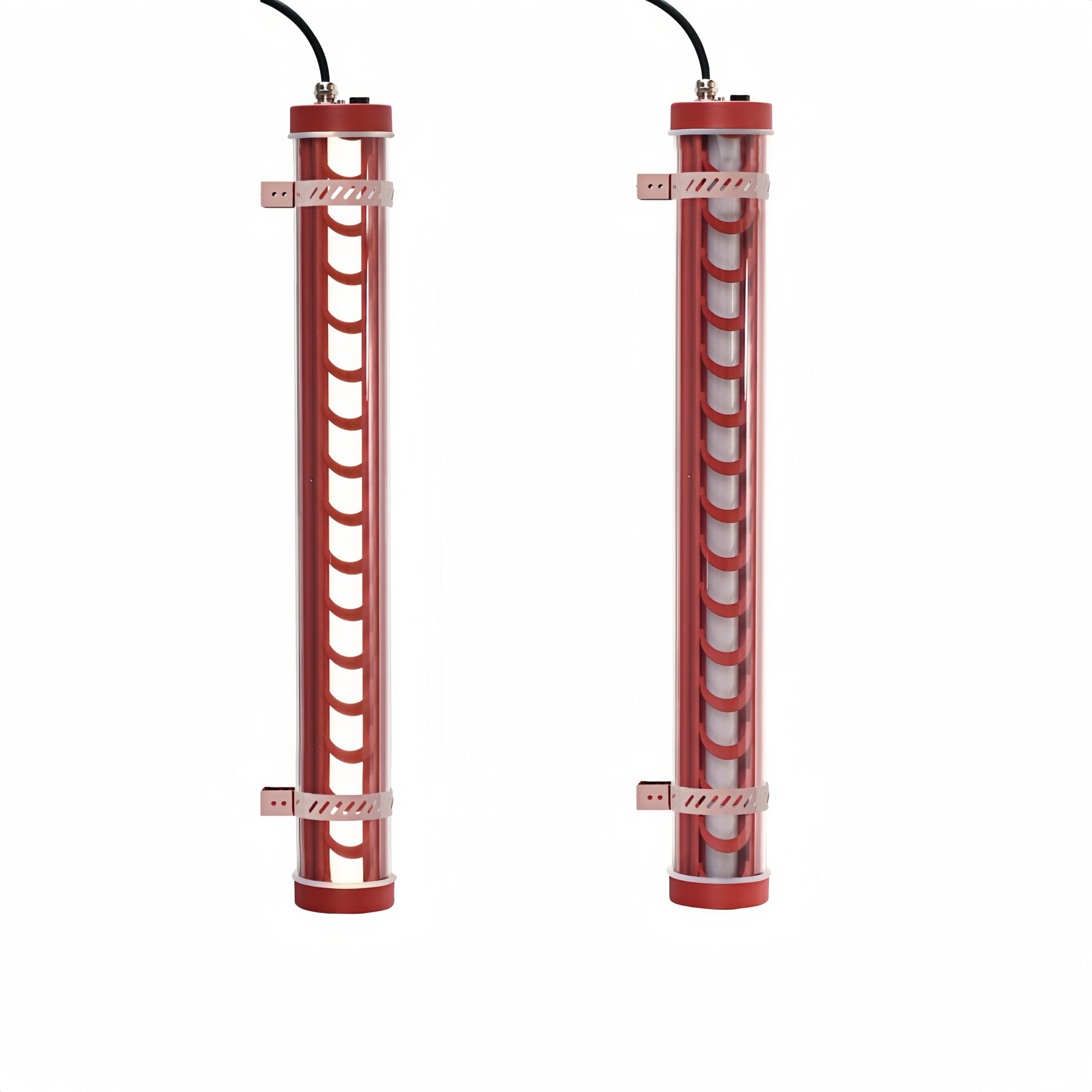 Red architectural tubular LED light with metal grille and mounting brackets, shown in two versions