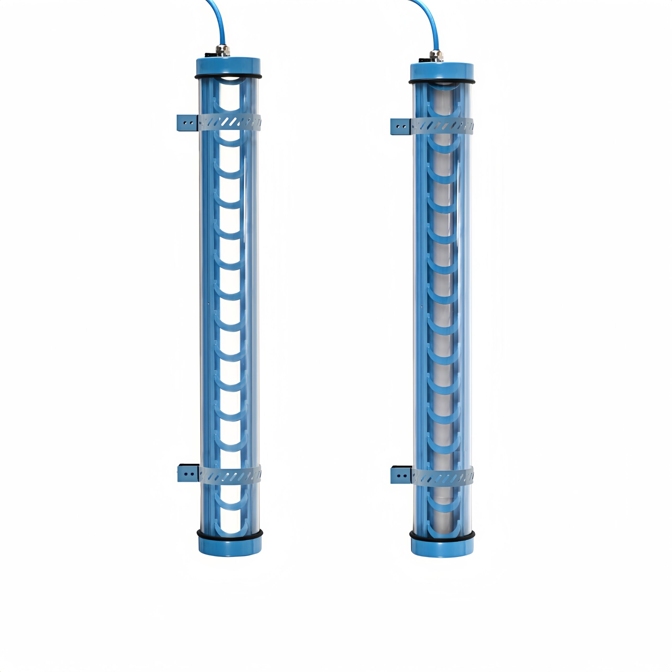 Blue architectural tubular LED light with metal grille and mounting brackets