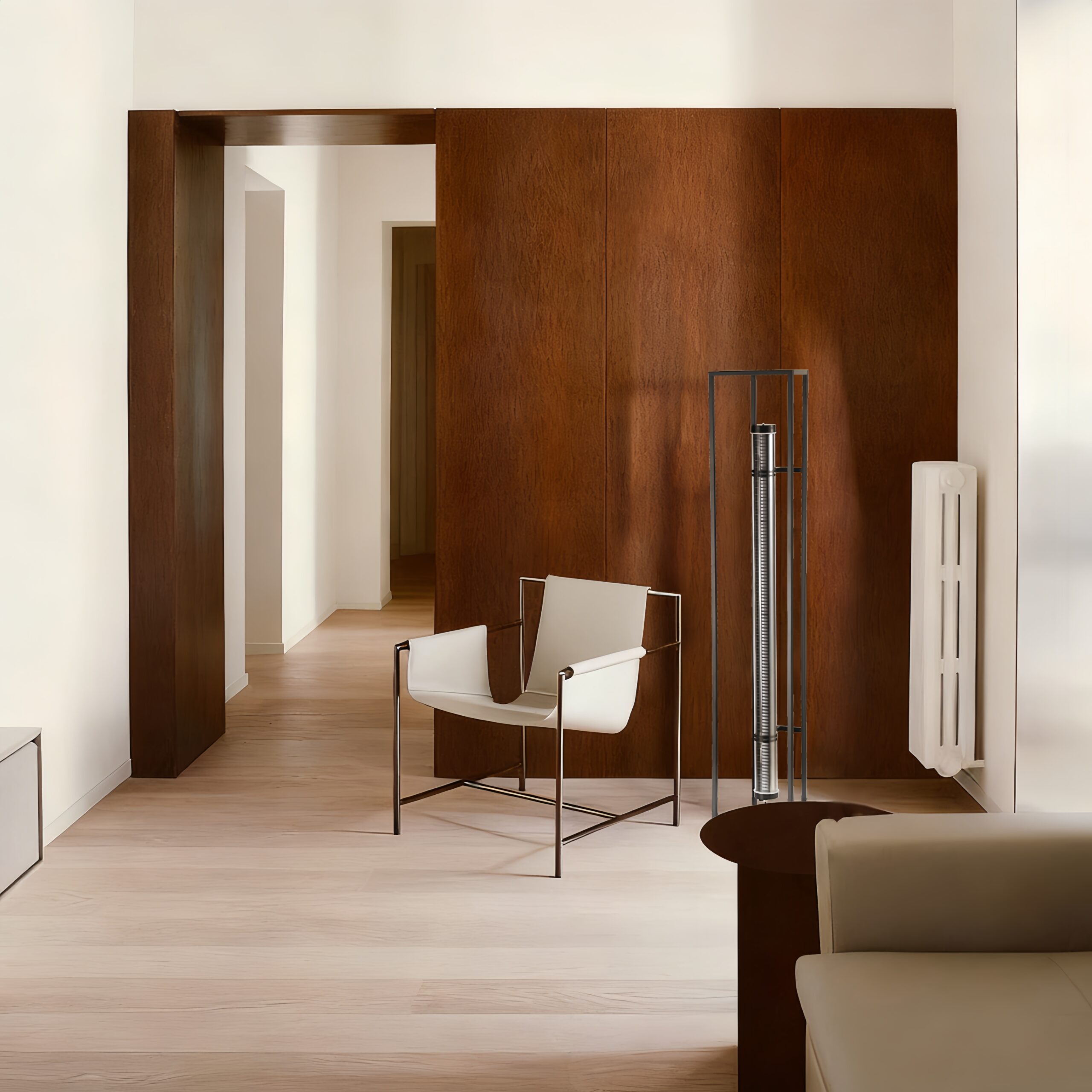 MANI designer floor lamp with tubular light and minimalist trapezoidal structure