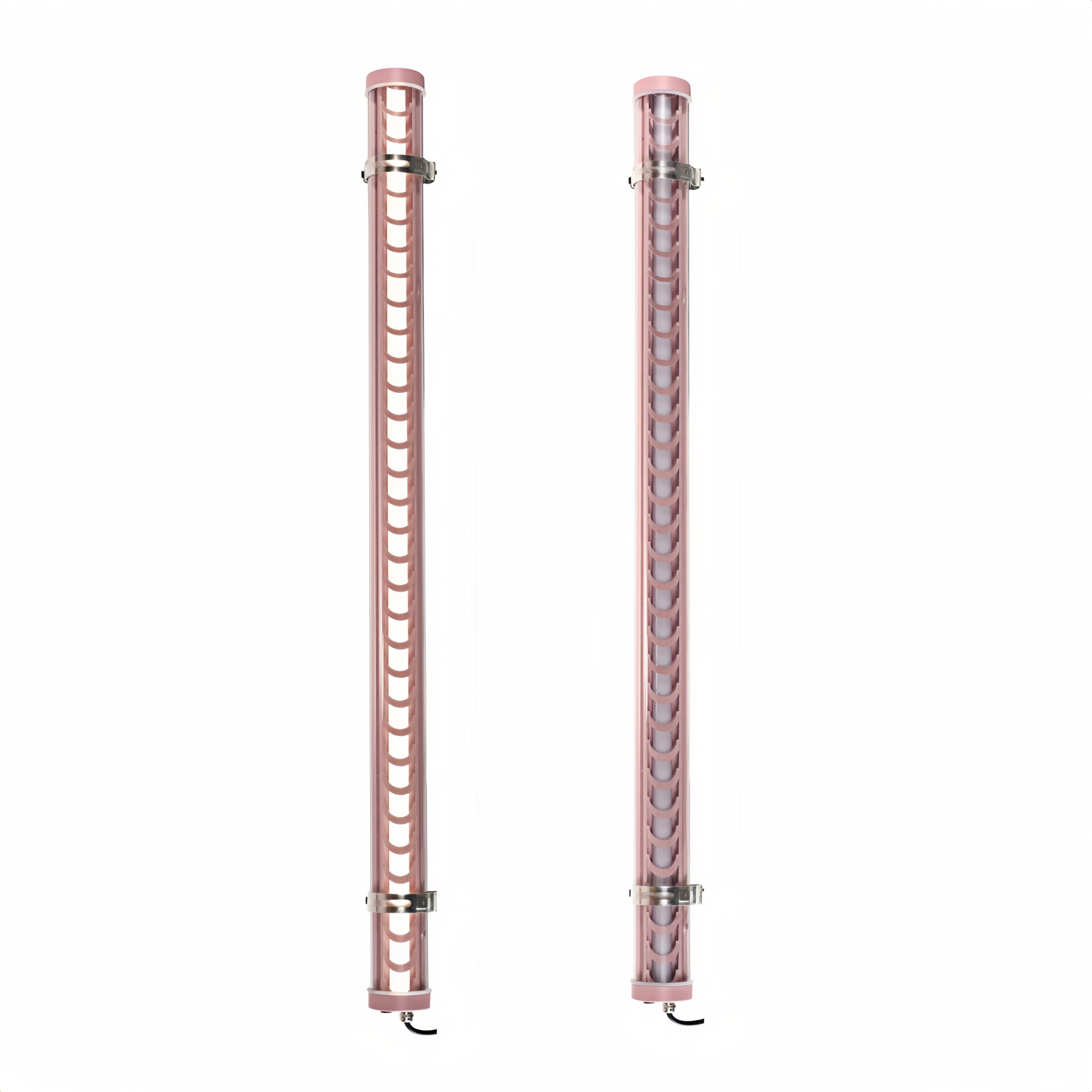 Pink architectural tubular LED light with metal grille and mounting brackets