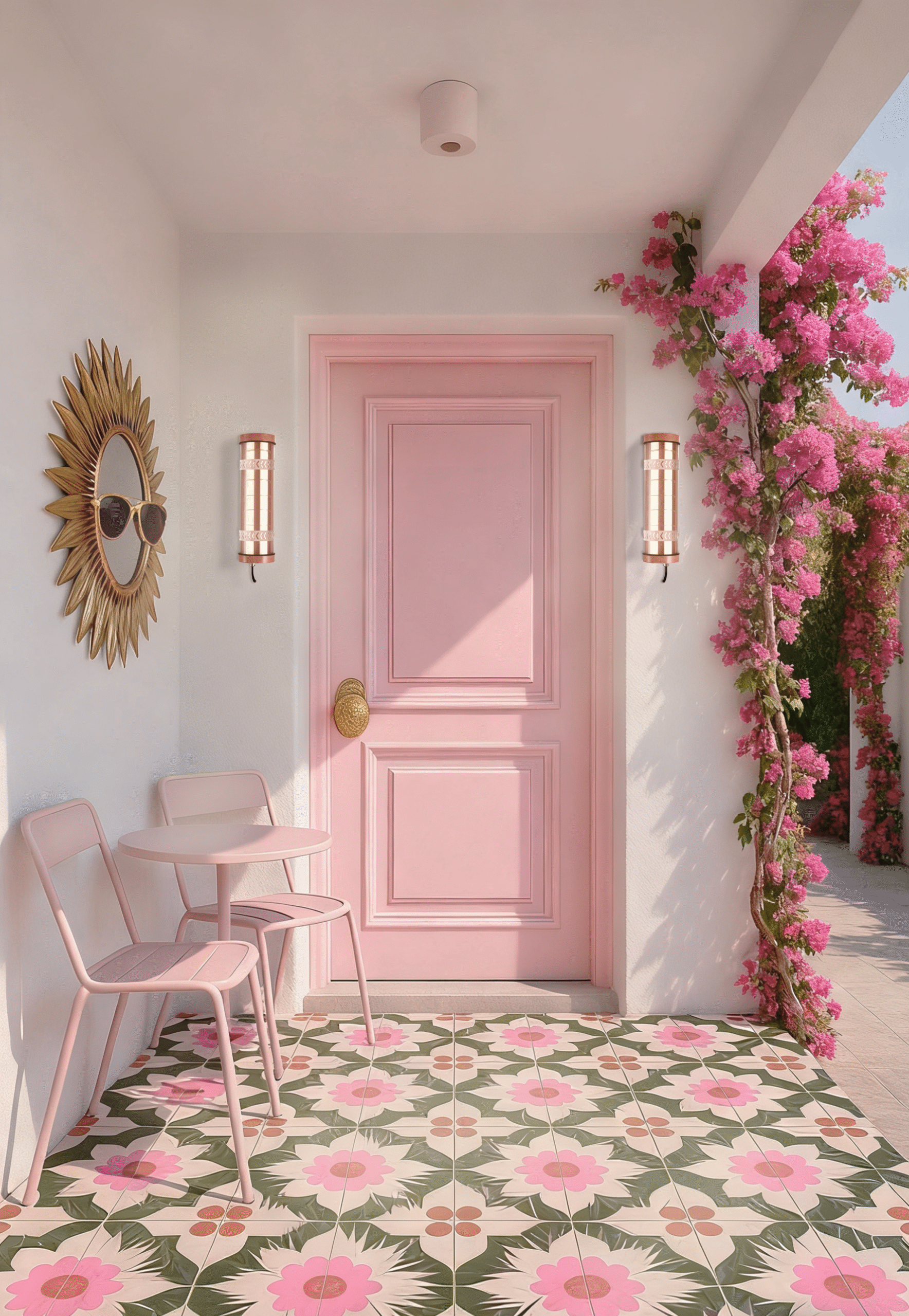 Rosa wall-mounted architectural tubular lights installed at a residential entry porch — compact façade lighting for semi-outdoor use (MANI Lighting)