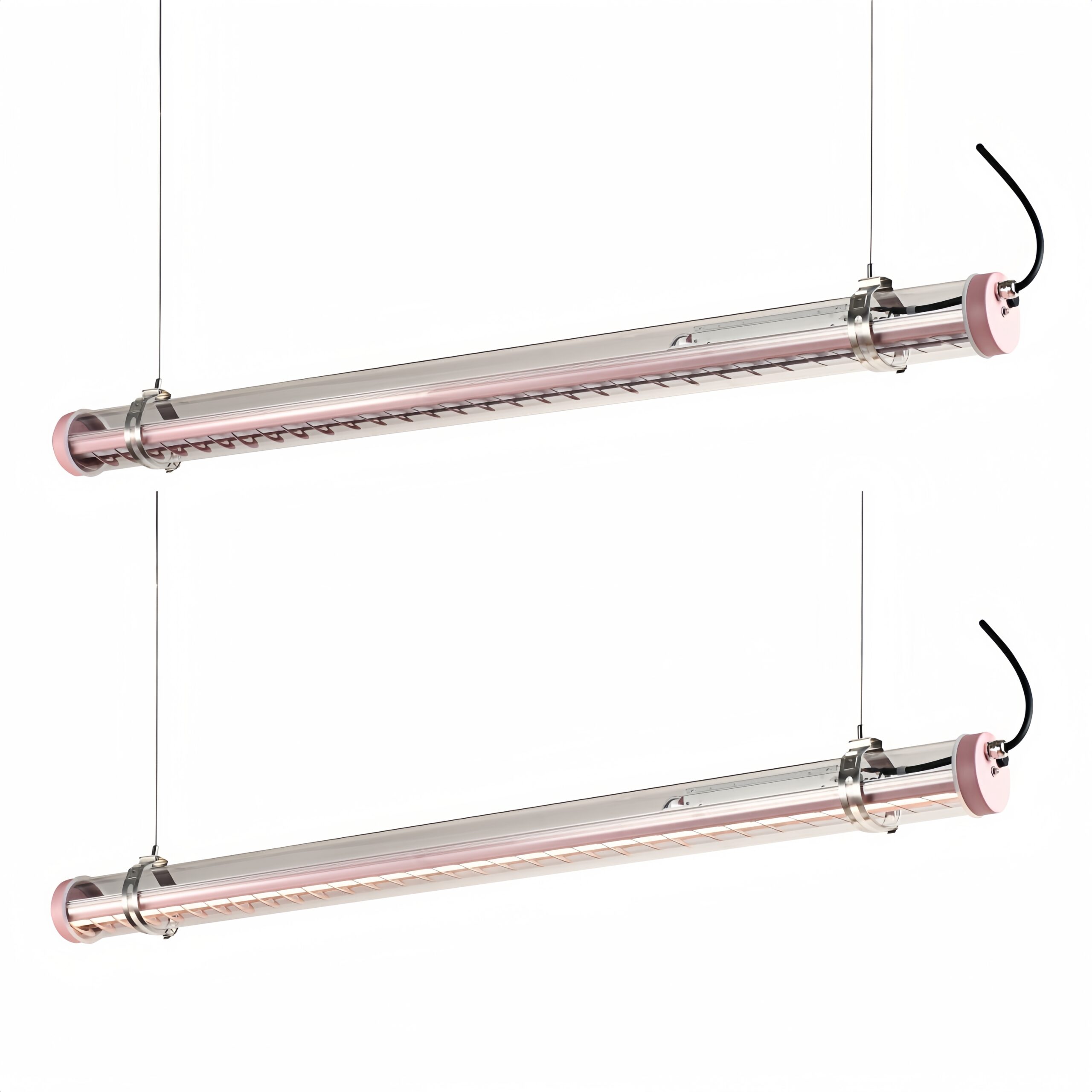 Pink suspended architectural tubular LED light with internal louver and stainless steel mounting rings, shown in two lighting views on a white background