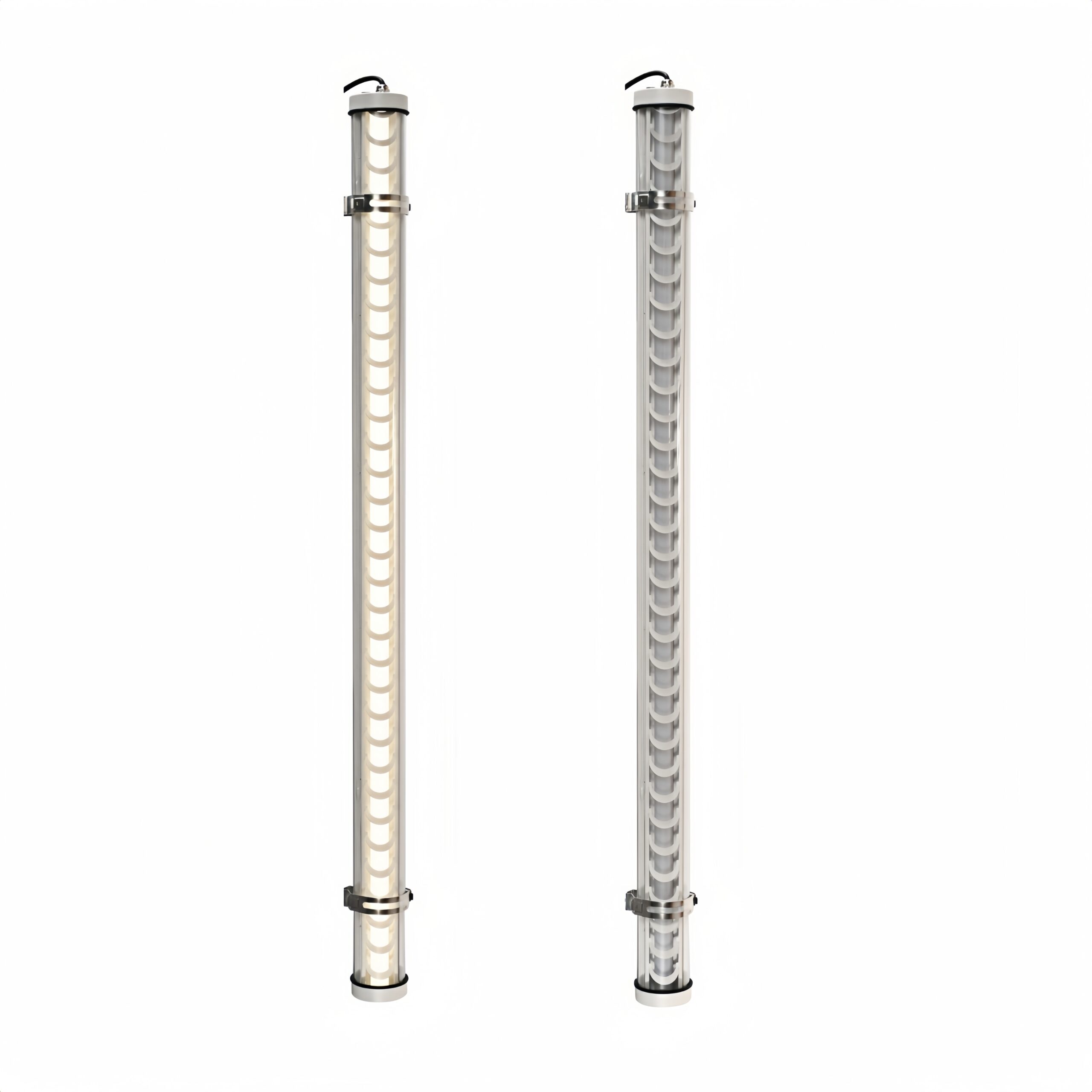 White architectural tubular LED light with metal grille and mounting brackets