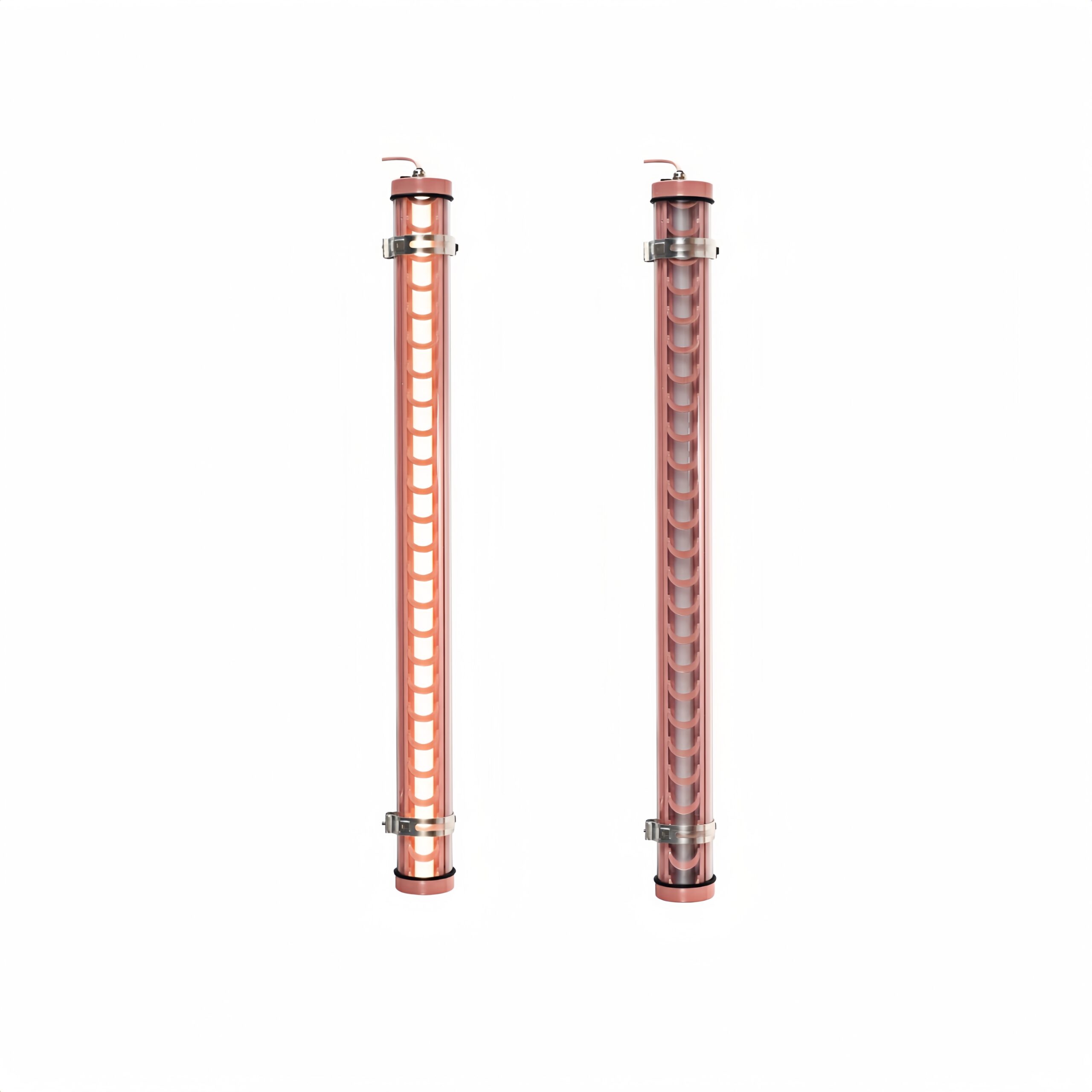 Pink architectural tubular LED light with metal grille and mounting brackets