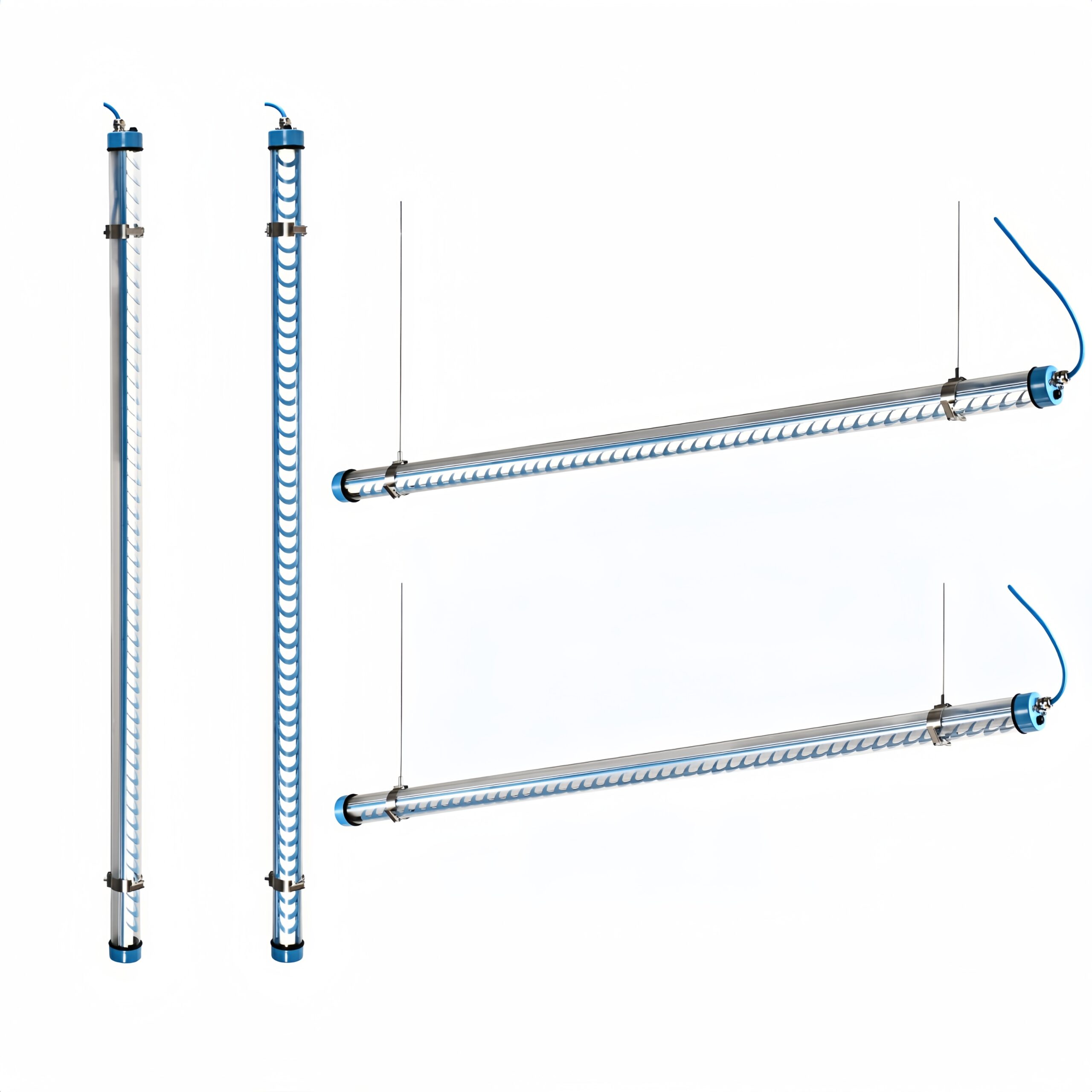Blue architectural tubular LED light with twisted internal louver, shown in vertical and suspended installation views on a white background