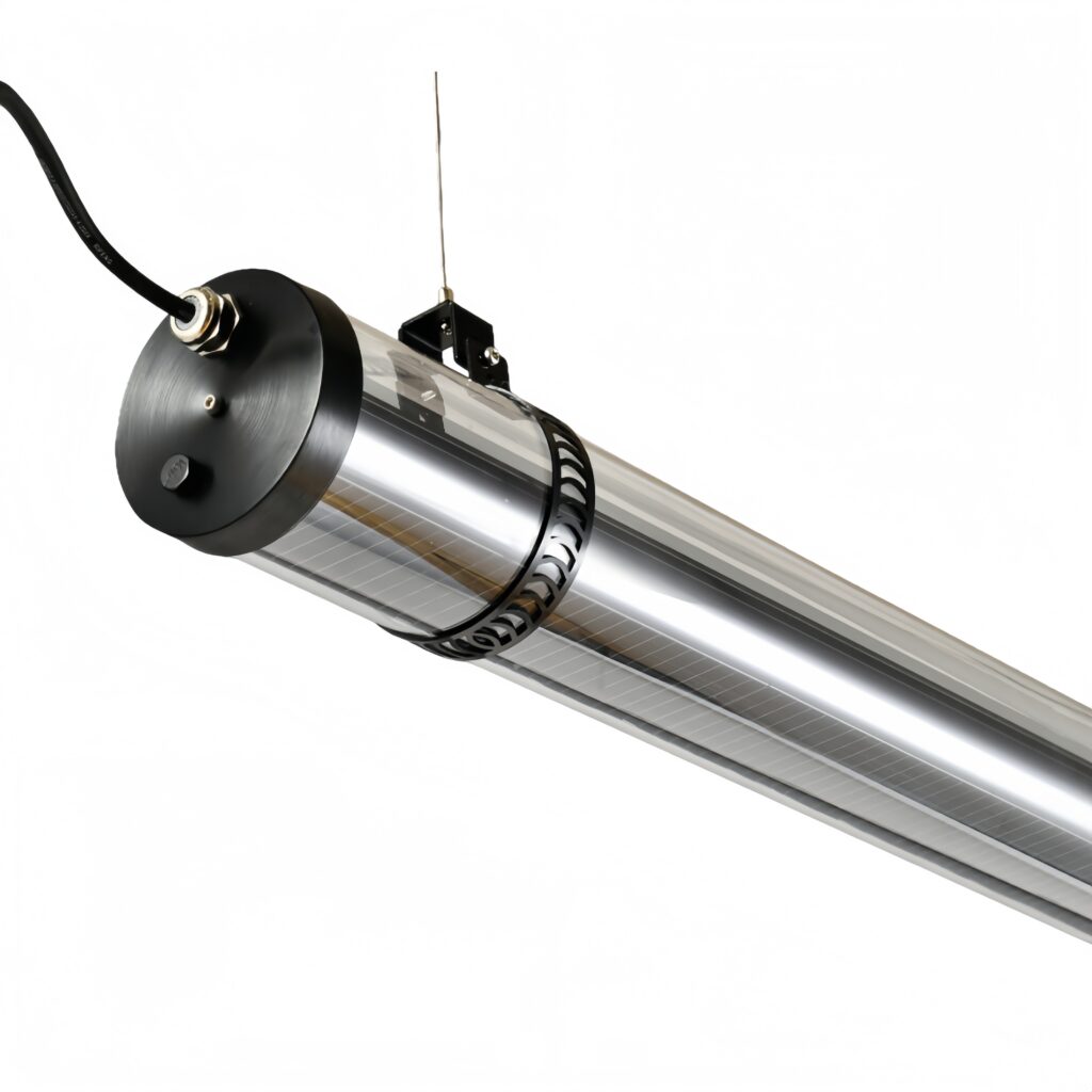 AXIS architectural tubular luminaire with transparent diffuser and linear light emission